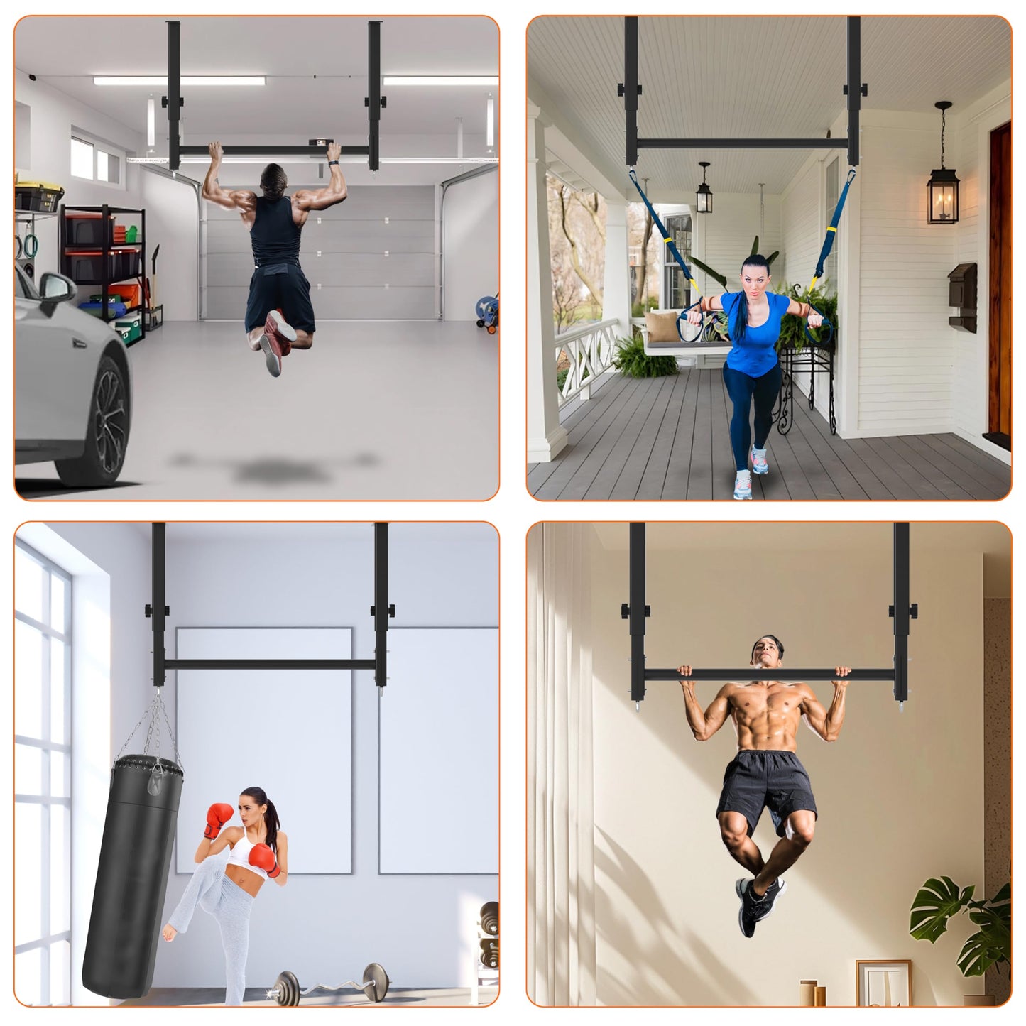 HWOOUSA 48" Ceiling Mount Pull Up Bar, Heavy Duty Multi-Grip Rafter Chin Up Bar for Garage/Basement/Backyard Ceiling Beam, Adjustable Height&Supports to 650 Lbs