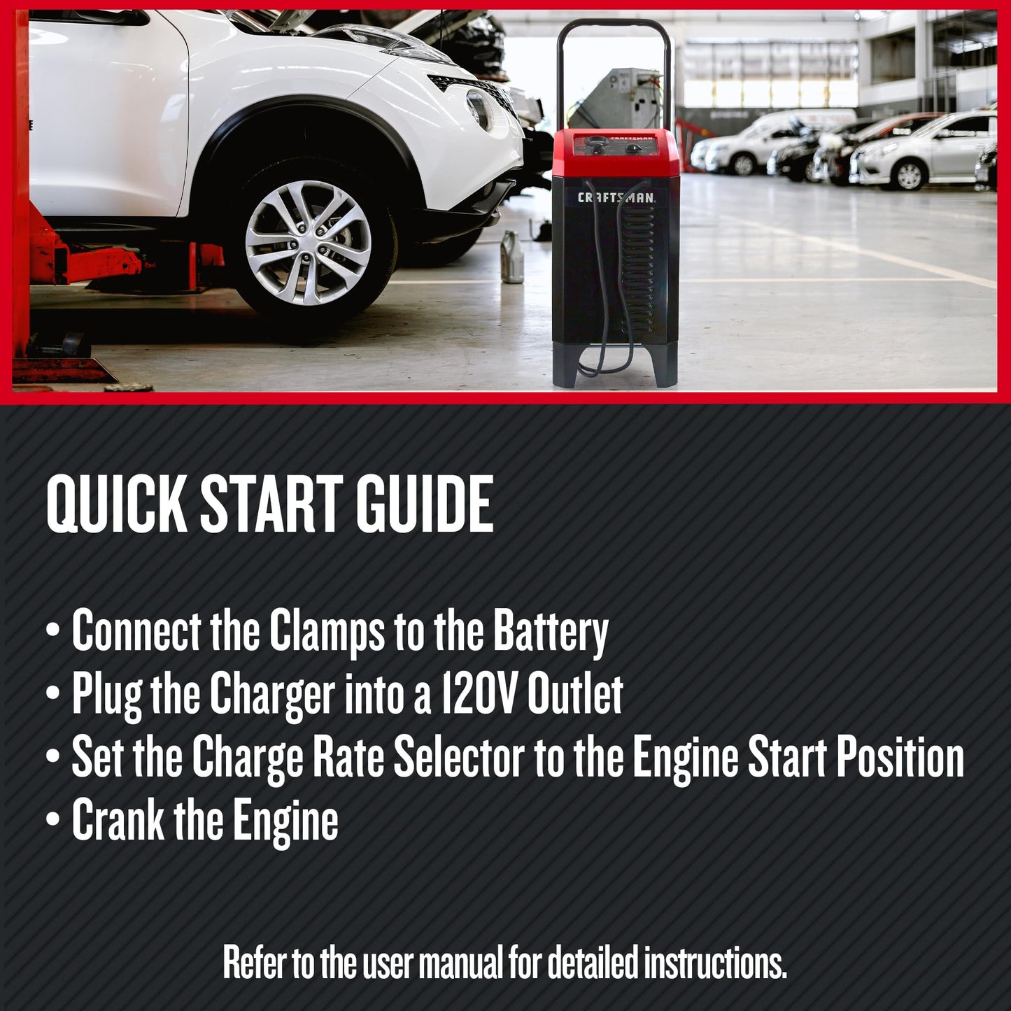 CRAFTSMAN Wheeled Manual 10A Car Battery Charger and 250A Engine Starter, 2-in-1 Solution, 50A Boost, for 6V/12V Automotive and Marine Batteries, CMXCESM233