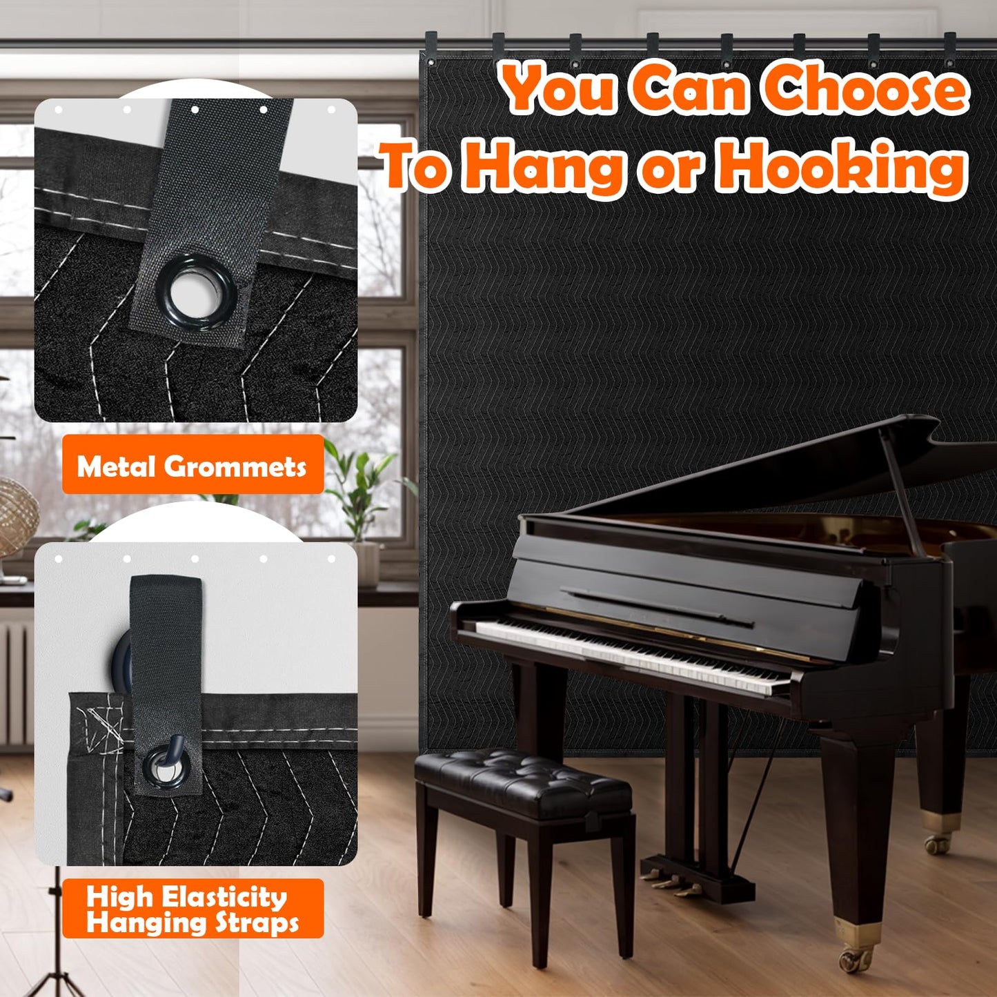 Soundproof Blanket for Door 96" x 80", 4 PCS Heavy Duty Sound Dampening Curtains, Noise Cancelling Studio Acoustic Blanket, Light Blocker, Moving with Grommets for Home, Window, Furniture, Black