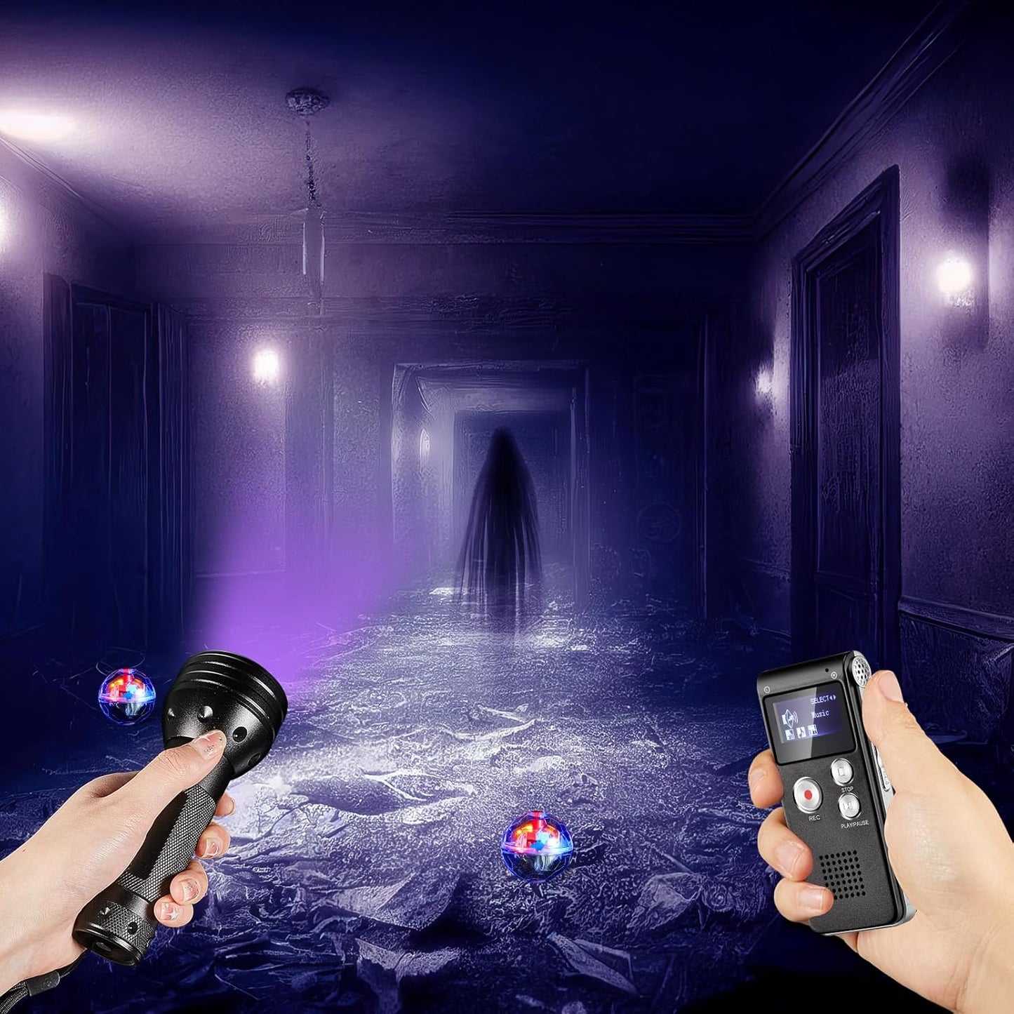 Dunzy 4 1 8 1 2 Pcs Ghost Hunting Equipment Kit Include EVP Voice Recorder Gb UV Flashlight LED Light up Cat Balls
