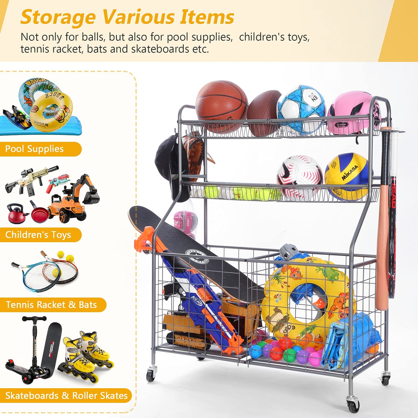 Kinghouse Rolling Sports Equipment Organizer with Wheels, Garage Ball Storage Rack for Basketball, Toys, for Garage, Indoor, Gym, Outdoo, Includes Metal Storage Bin, Bat Holder, Hooks