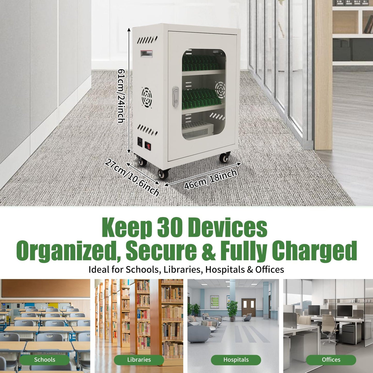 QUEWATSA 30 Slots Cell Phones Charging Station, Rechargeable Cellphone Locker Storage Charging Station, Mobile Charging Cart with Charging Ports, Wheels & Combination Lock (White)