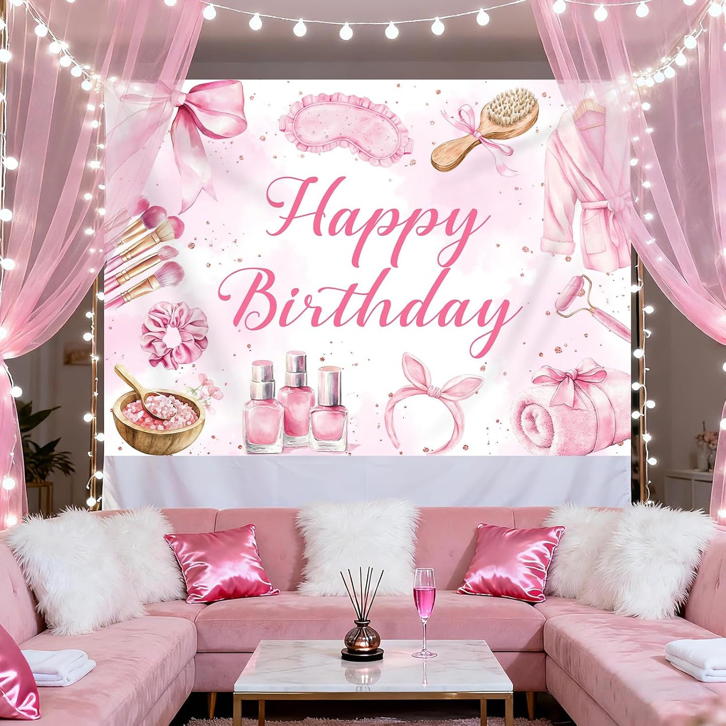 Bcuuipo 7x5ft Spa Party Happy Birthday Backdrop Pink Beauty Makeup Slumber Pajama Sleepover Background for Girls