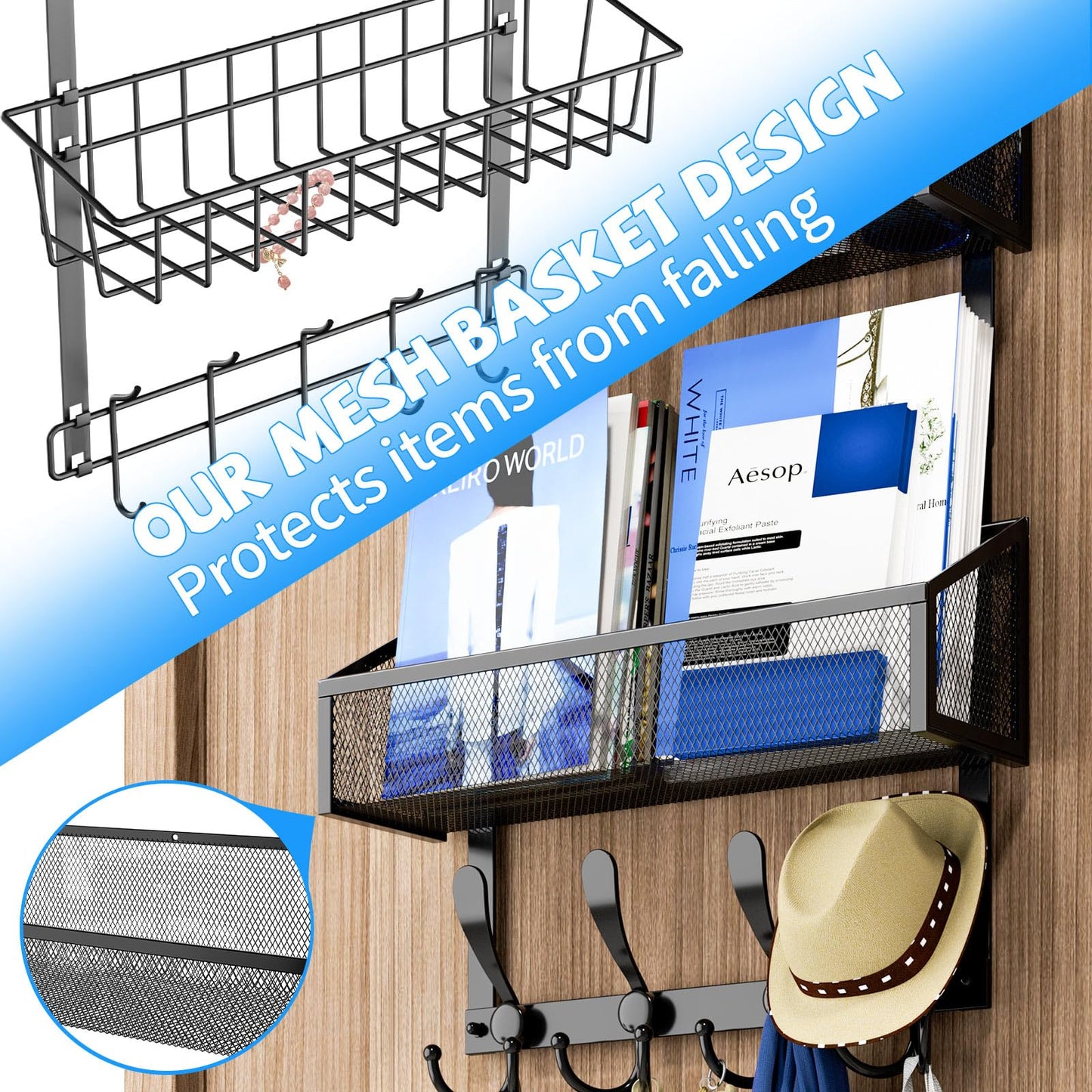 Kaiferty Over The Door Hooks Organizer, Coat Rack Over The Door Storage Hanger Towel Rack, Back of Door Storage Organizer for Bathroom,Bedroom,Kitchen,Office (Black, 4-Tier)