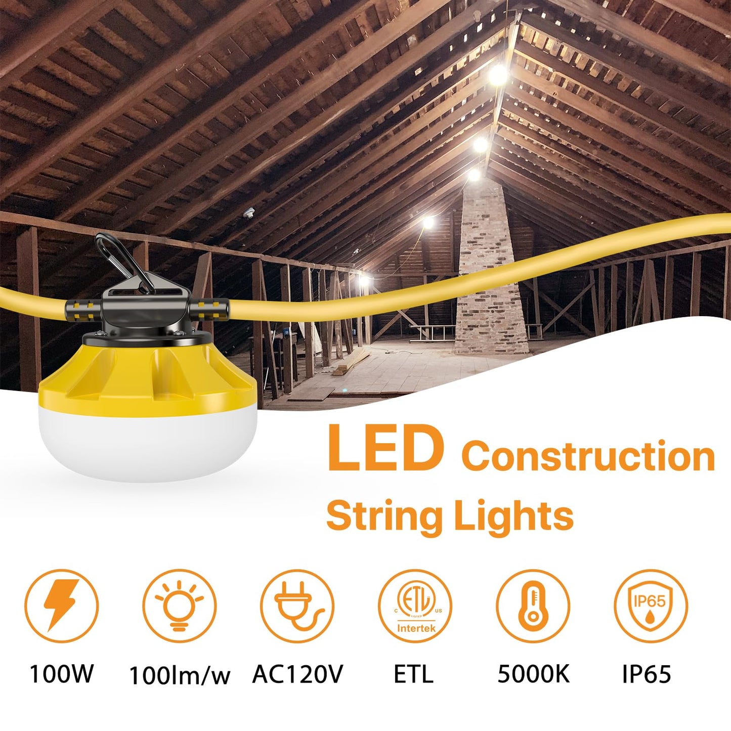 Pvilub 1pack 100FT Bundle 2pack 50FT Construction String Lights，200FT Temporary Construction Lighting for Construction Sites, Jobsites, Walkways,Backyard