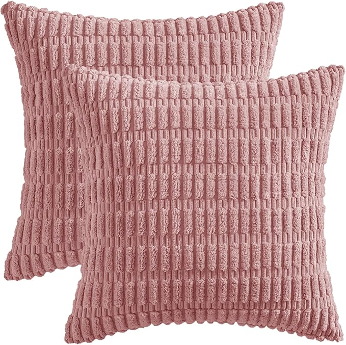 MIULEE Pack of 2 Corduroy Decorative Euro Throw Pillow Covers 24x24 Inch Soft Boho Striped Pillow Covers Modern Farmhouse Home Decor for Sofa Living Room Couch Bed Blush Pink Spring Valentine Decor