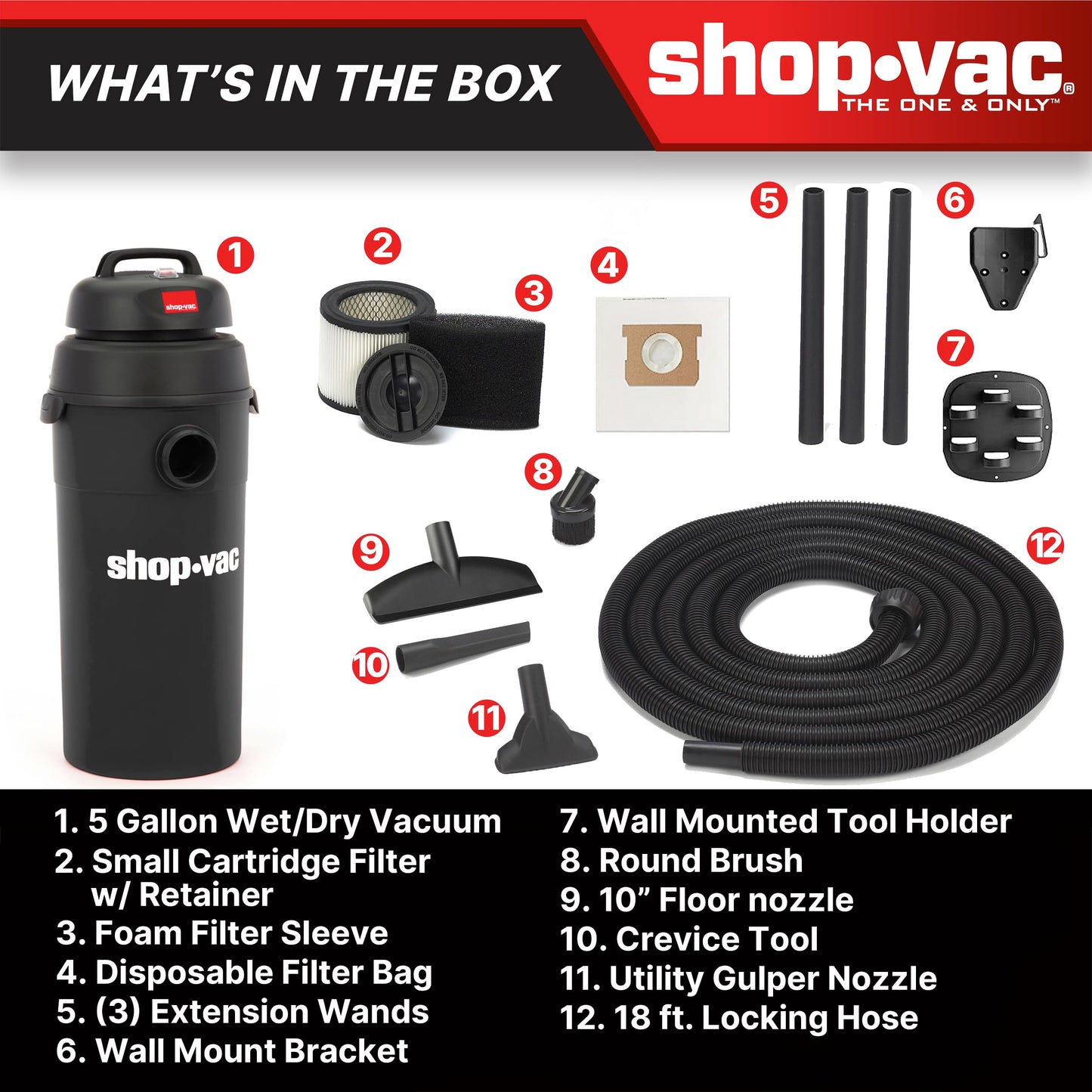 Shop-Vac 9522205 5 Gallon 5.5 Peak HP Hangup Wet/Dry Vacuum, 1.25 Inch Diameter x 18 Foot Hose, 6 Foot Cord, Wall Mount Included, Ideal for Garage, Workshop & Home