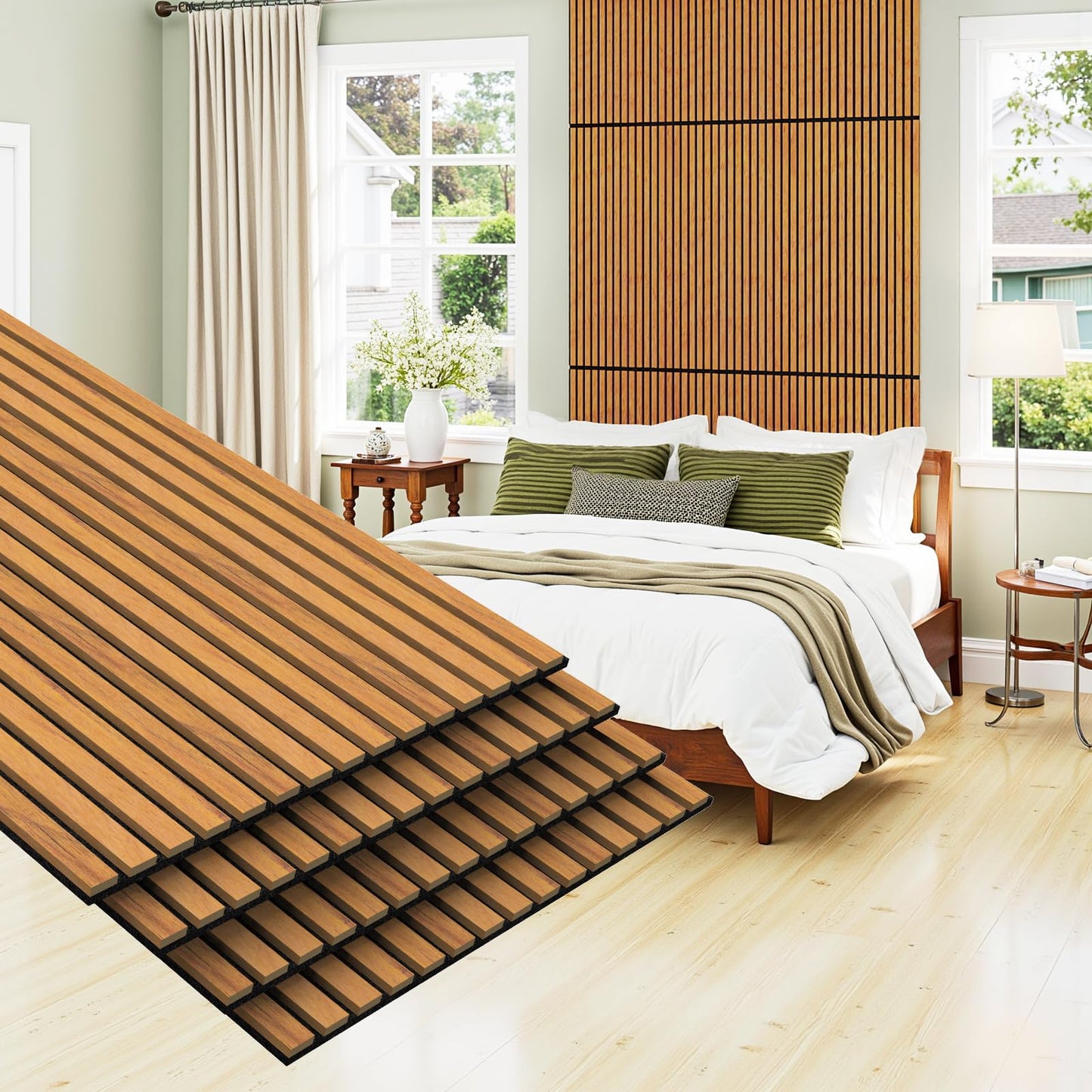 MISSDAY Wood Slat Acoustic Wall Panels, 4 Packs 47.2" x 23.6" Teak Soundproof Panel For Interior Wall Decor Noise Absorbing-3D Textured Wooden Panel Sound-Absorbing for Home, Office, Studio