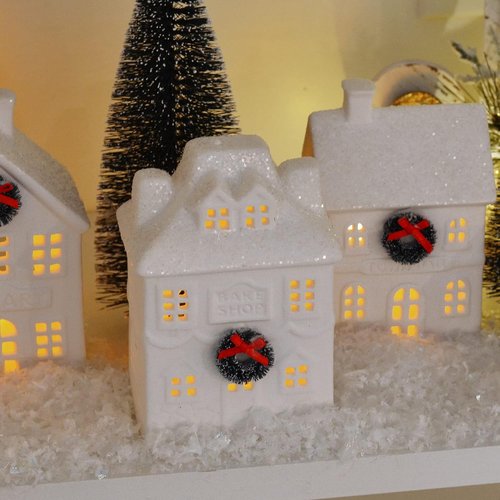 Mark Feldstein & Associates Holiday Wreath Village - 18 Piece LED Christmas Figurines Set in White Porcelain