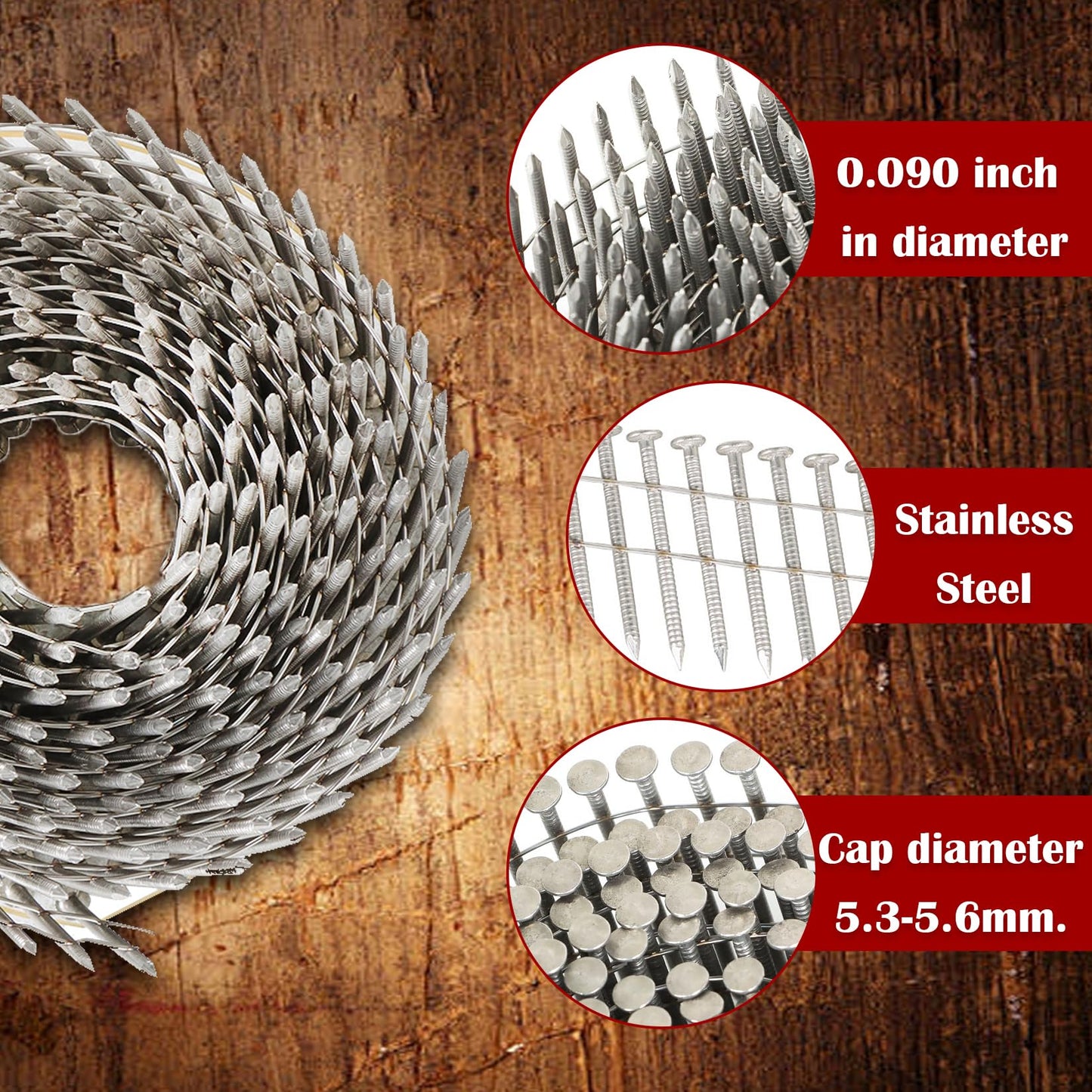 findmall 3600 Count 2-1/2 Inch x .090-Inch Ring Shank 304 Stainless Steel Siding Nails 15-Degree Collated Wire Coil for Wood or Fencing Applications