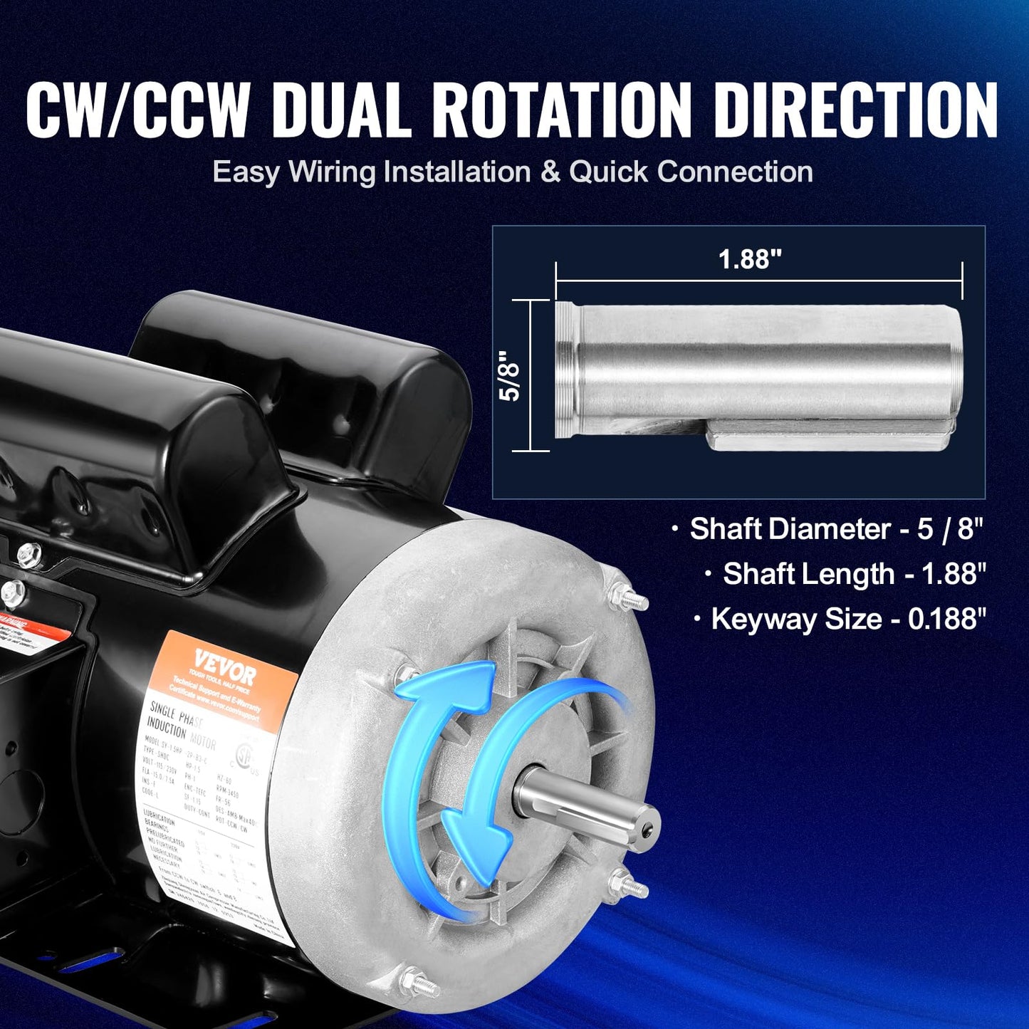 VEVOR 1.5HP Electric Motor 3450 RPM, AC 115V/230V, 56 Frame, Air Compressor Motor Single Phase, 5/8" Keyed Shaft, CW/CCW Rotation for Agricultural Machinery and General Equipment