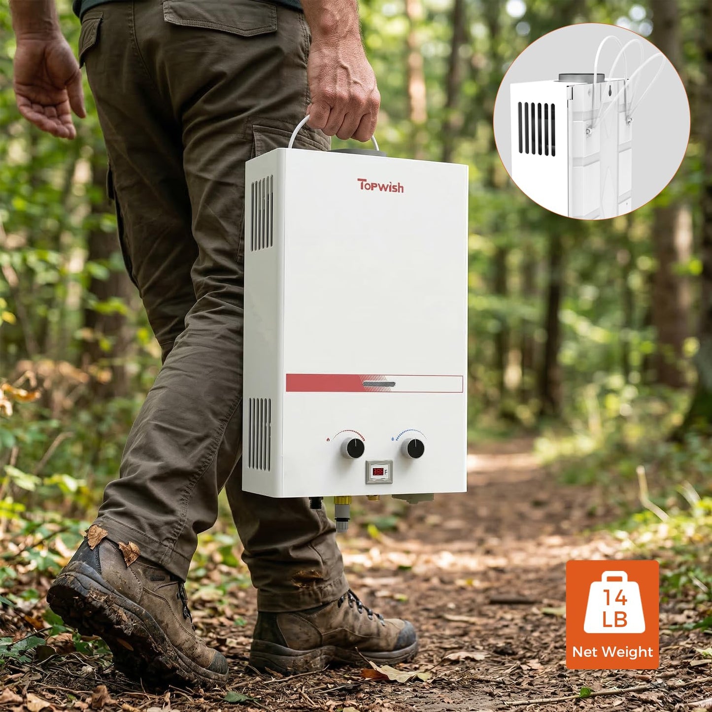 TOPWISH Portable Propane Water Heater Tankless, 8L 2.11GPM Instant Gas Hot Water Heater 54,500 BTU with Digital Display Handle Overheating Protection for Outdoor Camping RV Cabin Shower
