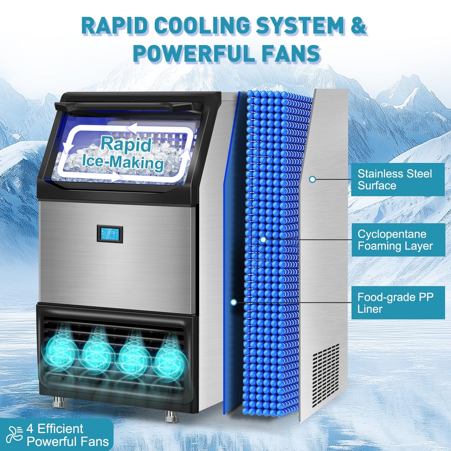 Commercial Ice Maker Machine 550LBS/24H with 185LBS Large Ice Storage Bin, 162Pcs Clear Ice Cubes in 11Mins, Stainless Steel Under Counter Industrial Ice Machine for Bar, Restaurant Business