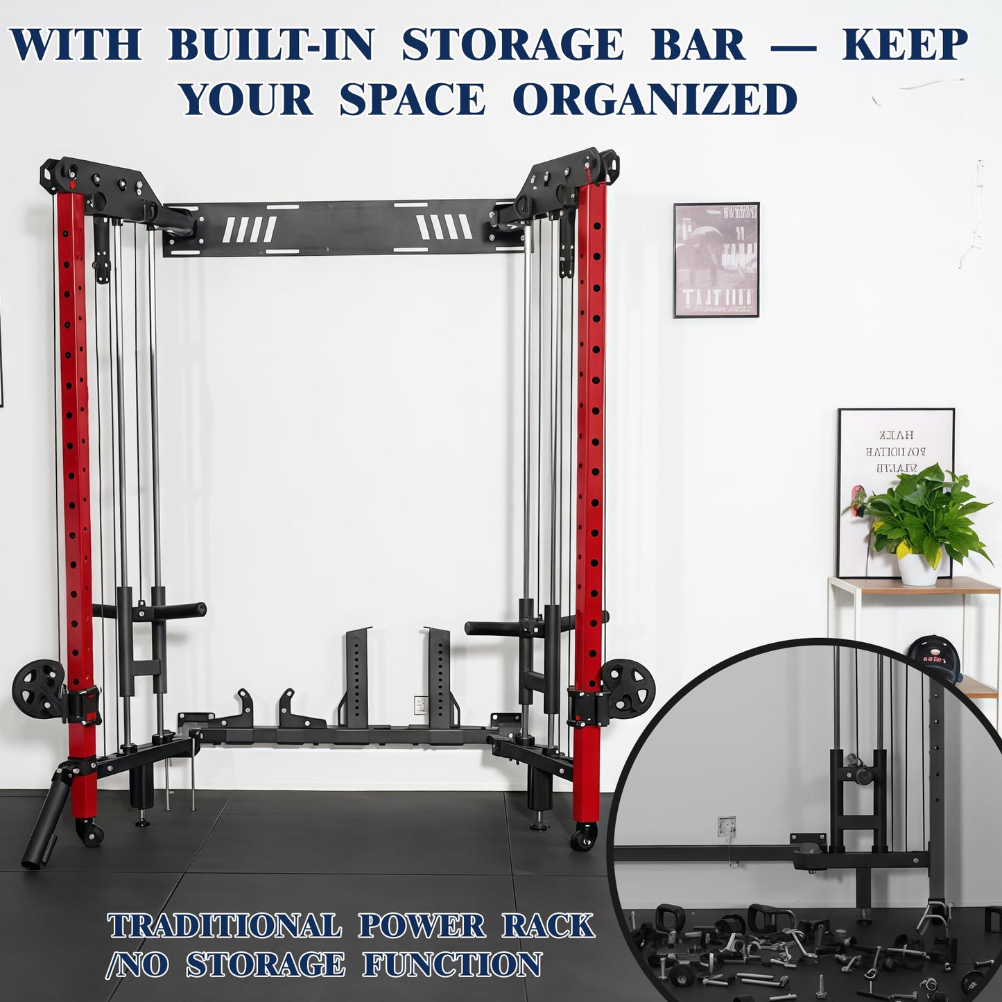 Power Cage, Folding Power Rack, 2000LBS Wall Mounted Squat Rack with Cable Pulley System, Landmine Attachment and Multi-Grip for Home Gym Small Space