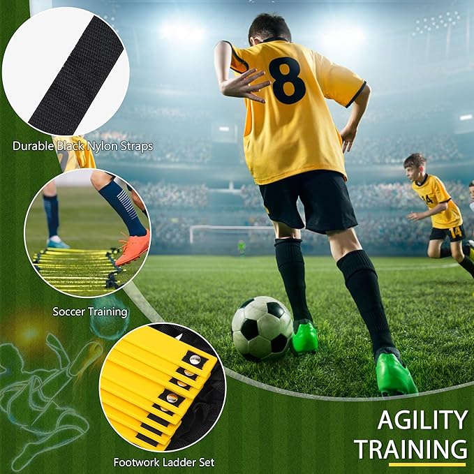 Fixed Rung Agility Ladder - 20ft 12 Rungs No Tangle Speed and Agility Training Equipment for Soccer Footwork Training with Carrying Bag/Ground Stakes for Adults Youth Kids
