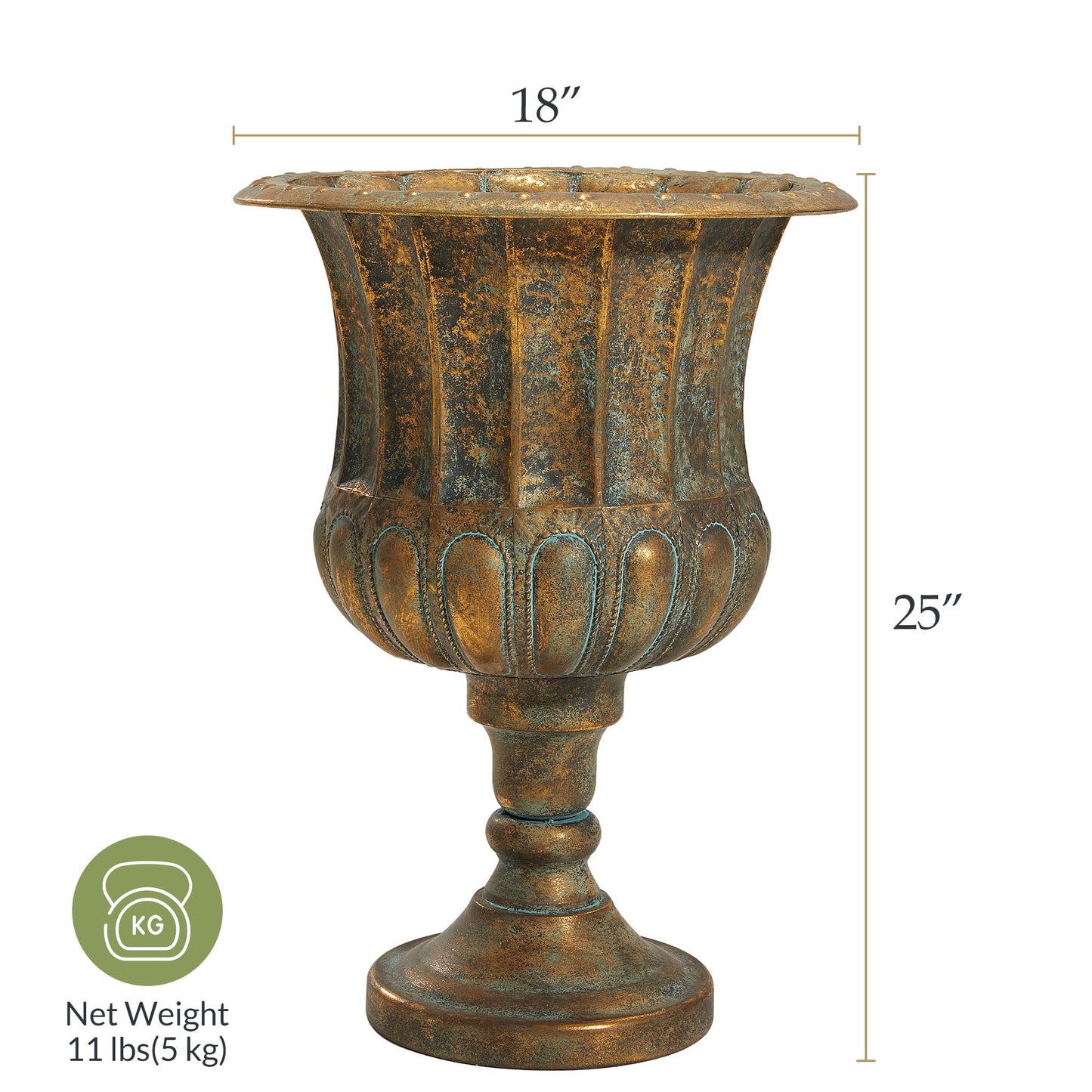 Worth Garden 24.5" H. Metal Urn Planters 1-Pack - Bronze Classic Antique Iron Plant Pots - Large Decorative Rustic Flower Pots for Outdoor Use - Traditional Urn Planter for Patio, Front Porch