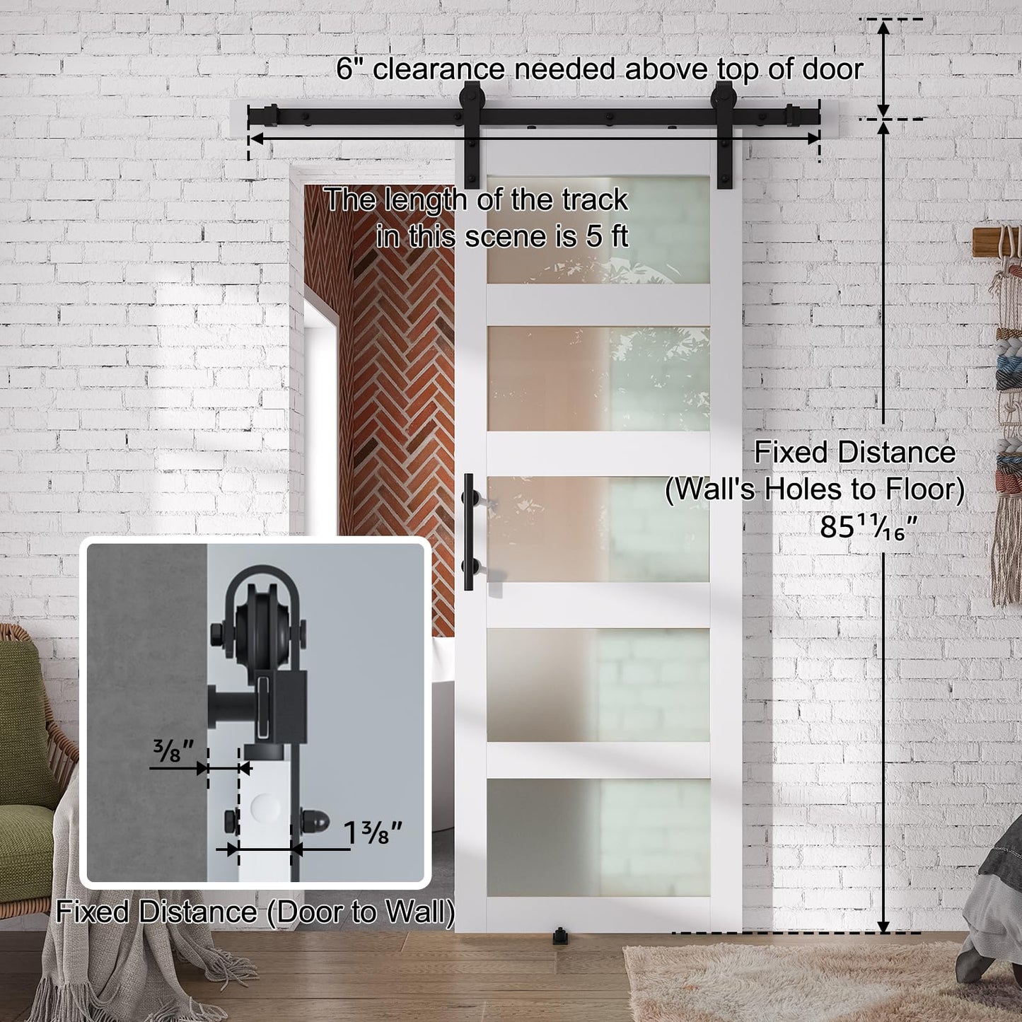 SMARTSTANDARD 30" x 84" Glass Barn Door with 5FT Hardware Kit Included, 5-Panel Glass, DIY Assembly Required, Waterproof PVC Coating, Pure White