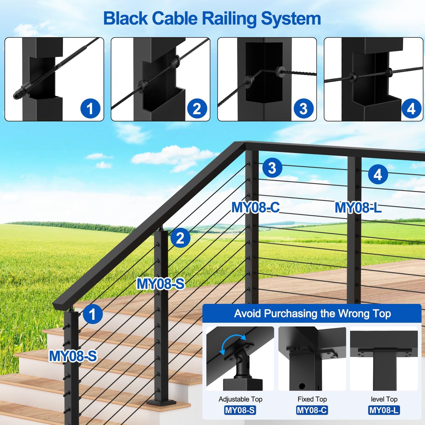 PLANTOP 36" Cable Railing Corner Post(Post 35"x2"x2"), 1 Pack 90° L-Drilled Flat Top Corner Post, Stainless Steel Black Surface Mount Deck Cable Railing Post for Indoor Outdoor, MY08-C