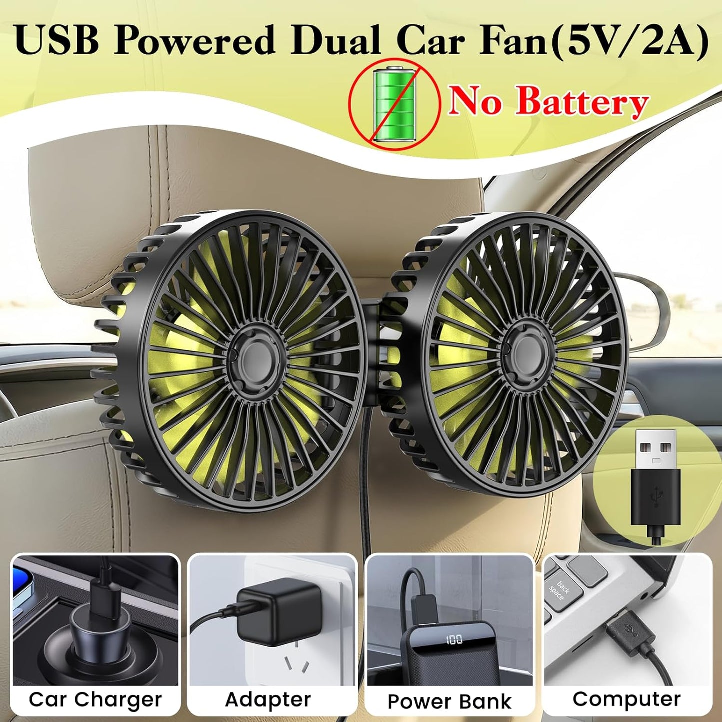 Dual Backseat Car Fan - Kid-Friendly Airflow Solution for Rear Seats