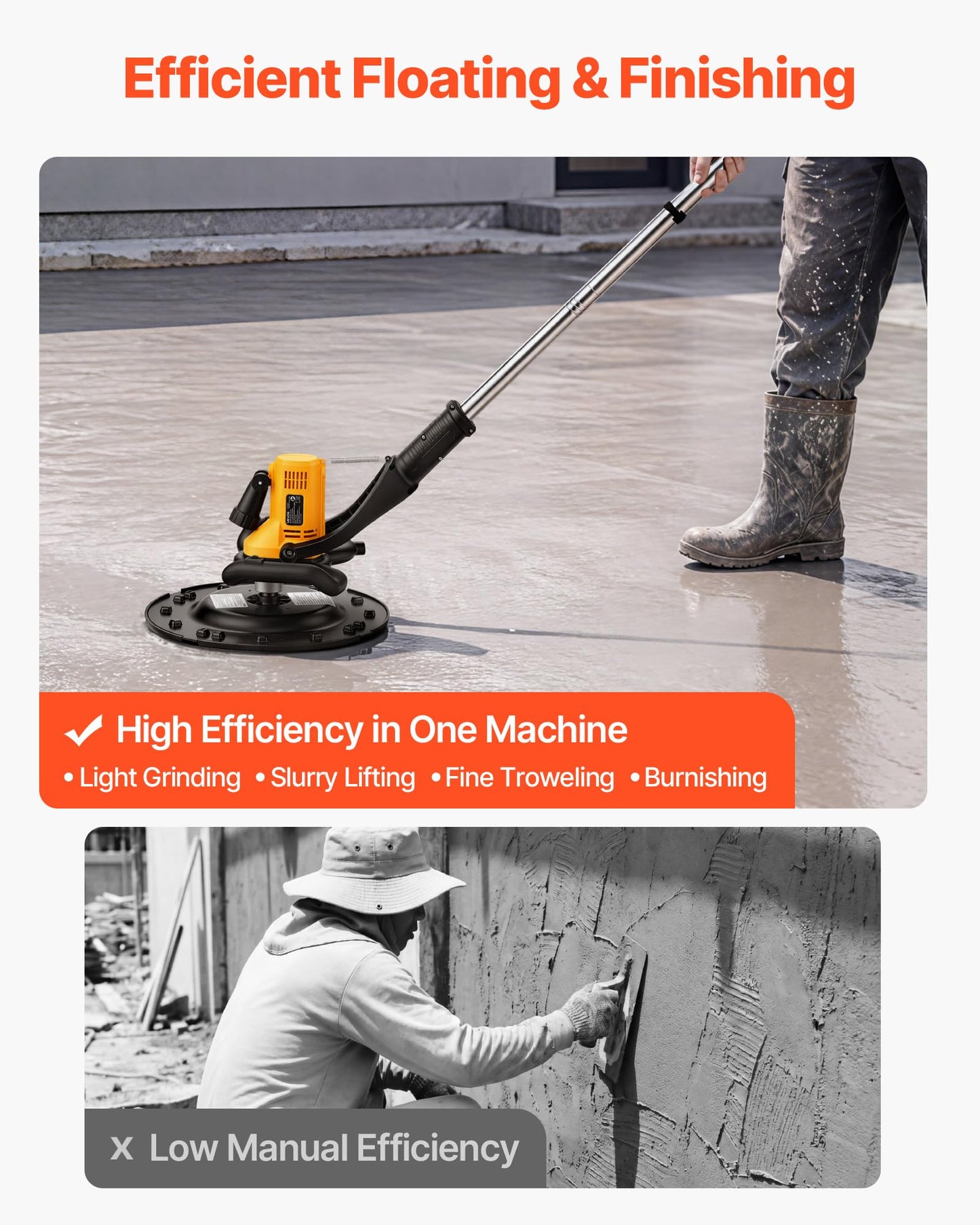 VEVOR Electric Power Trowel, 800W Concrete Finishing Machine Corded with Mixing Rod, 6-Speed Adjustable 120–200 RPM, Steel & Plastic Trowel Discs, Extension Handle, Floor Smoothing Cement Finisher