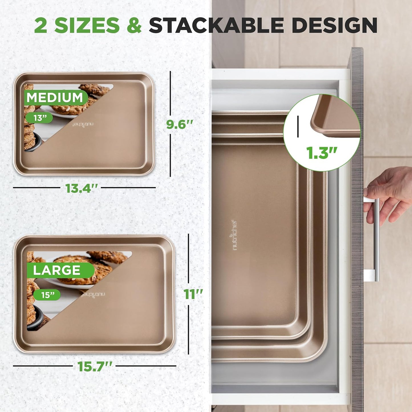 NutriChef Nonstick Baking Sheets - Durable 2-Piece Cookie Sheet Set, Oven Safe Up to 450°F