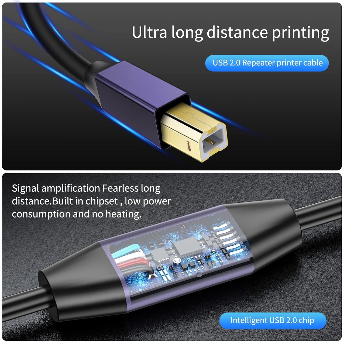 LDKCOK 2.0 50ft Active USB Printer Cable - A-Male to B-Male High Speed Printer/Scanner/Repeater Cable for HP, Canon