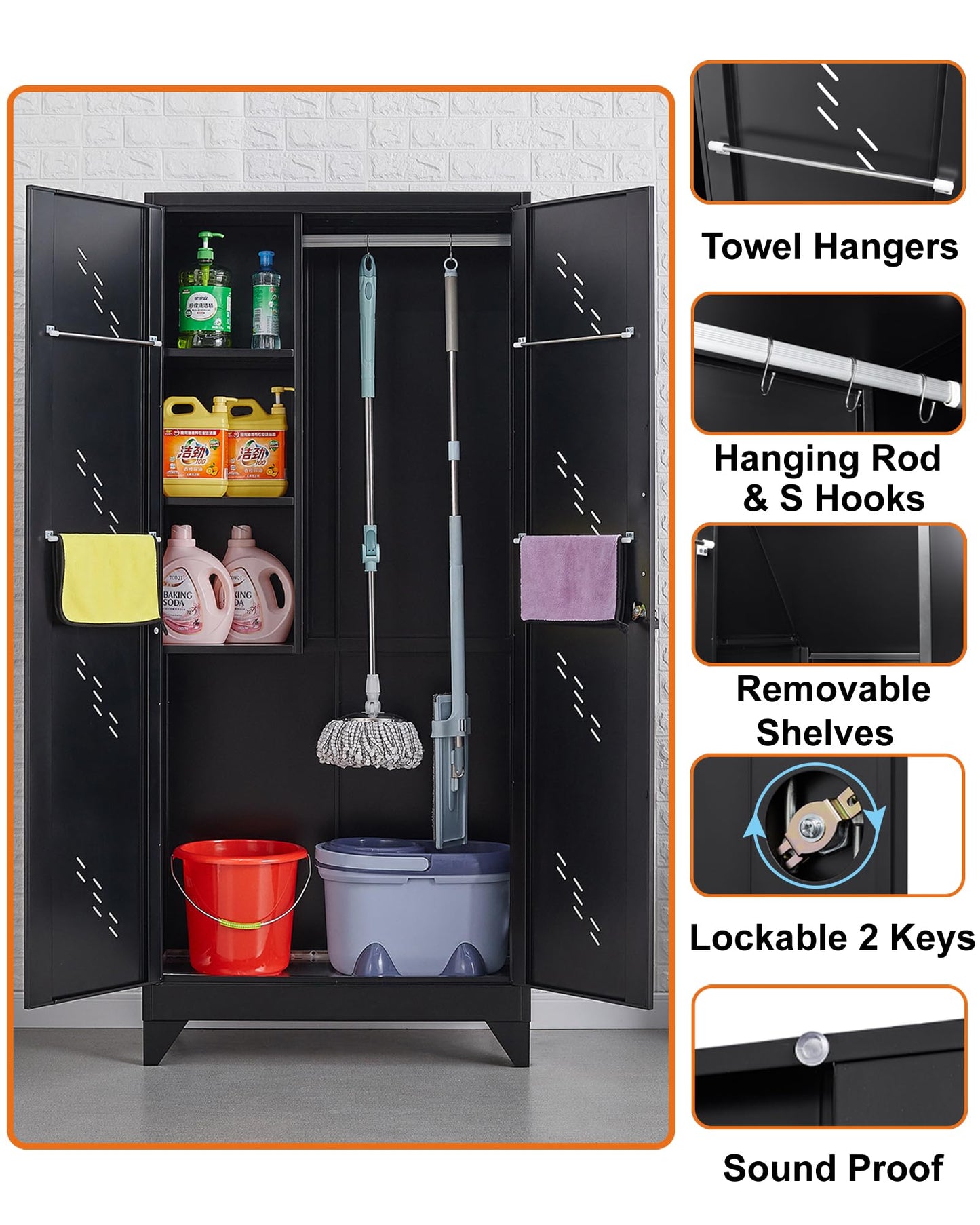 YILFANA 75" Metal Storage Cabinet with Lockable Doors, Functional Garage Storage Cabinets, Heavy-Duty Tool Organization Cabinet with Hanging Rod & S-Hooks (75" Utility Closet)