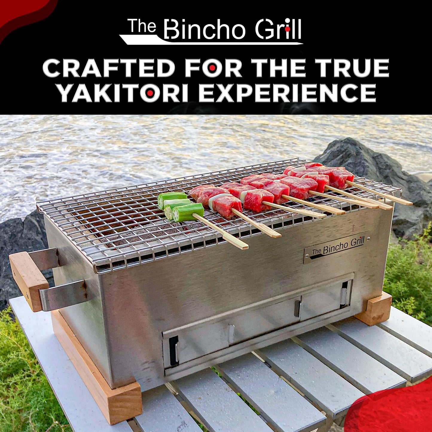 The Bincho Grill 16" Mini Yakitori Grill – Stainless Steel Mini Tabletop Charcoal BBQ with Charcoal Box, Optimized Airflow & Cool-Touch Base - Perfect for Japanese Grilling, Skewers, Meat, Seafood