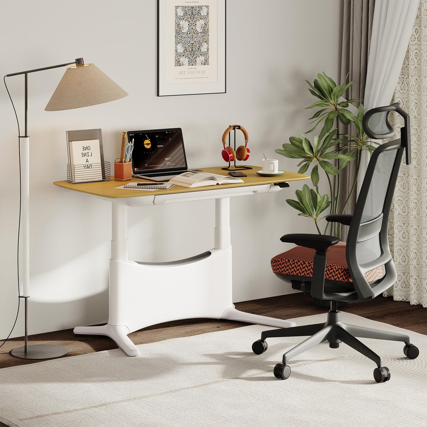 COLAMY Electric Adjustable Standing Desk – 48 x 28 Inch Sit Stand Desk with Drawer & Cable Management, Dual Motor Lift System, Ergonomic Footrest, Home Office Table (Veneer Desktop, Oak + White)