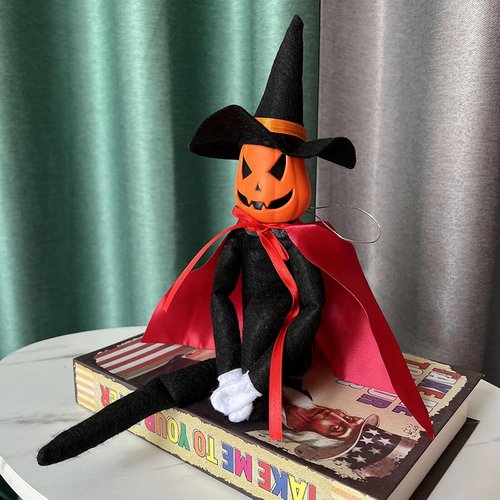 DANONI Halloween Pumpkin Elf Doll - Handmade Toy with Black Hat & Cape for Autumn Decor (Red)