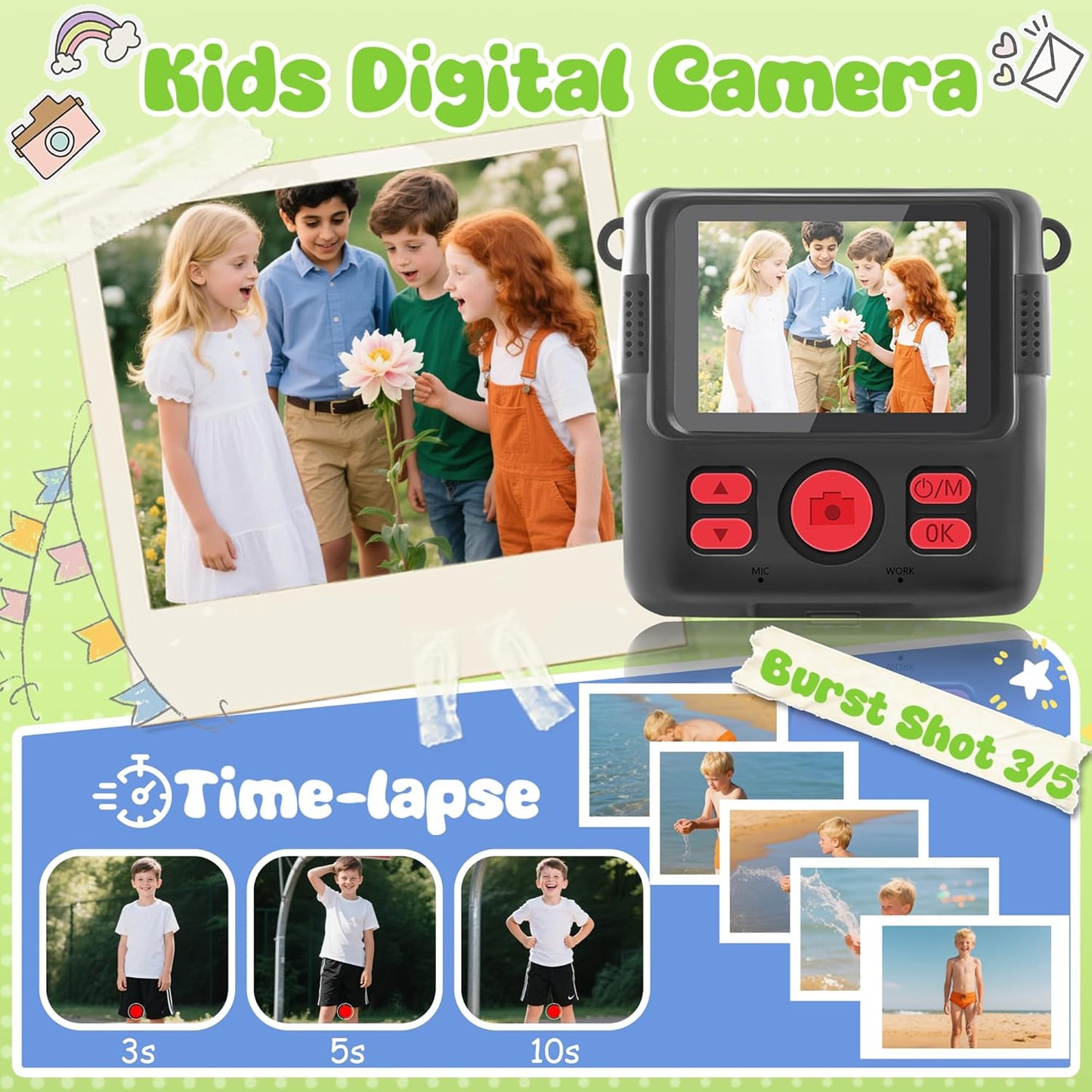 WEEFUN 2.4 Inch 1080P 16X 32GB 4 5 6 7 8 9 10 Kids Camera Instant Print, Safe Toddler Camera, Screen, with Zoom, TF