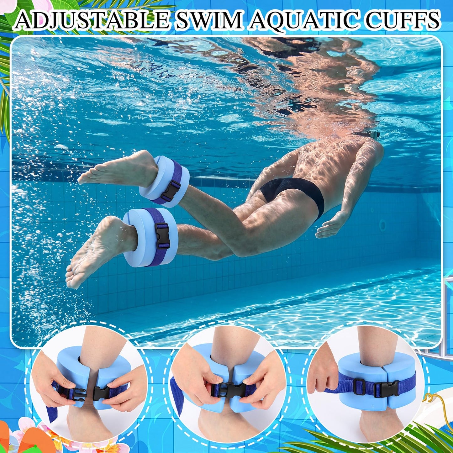 Teyva Daily 7 Pcs Aquatic Exercise Set Water Aerobics Set Including 2 Ankle/Wrist Weights for Land or Water 2 Exercise Foam Dumbbells Cuffs Large Mesh Beach Bag for Pool Weight Loss(Blue)