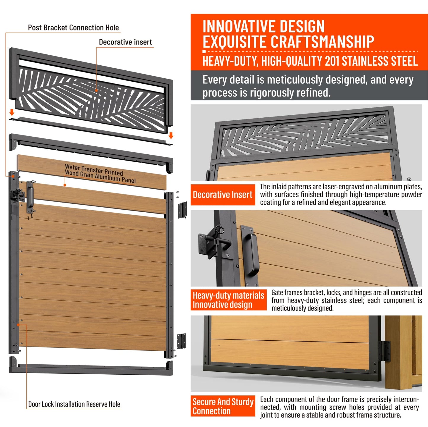 Uphode 4x5FT(46.8" x 59") 201 Stainless Steel Fence Gate Kit Heavy Duty, Anti Sag Metal Fence Gate Frame Kit with Aluminum Board, Morden Garden Gate Hardware Kit Outdoor (Left/Right Free-Installation)