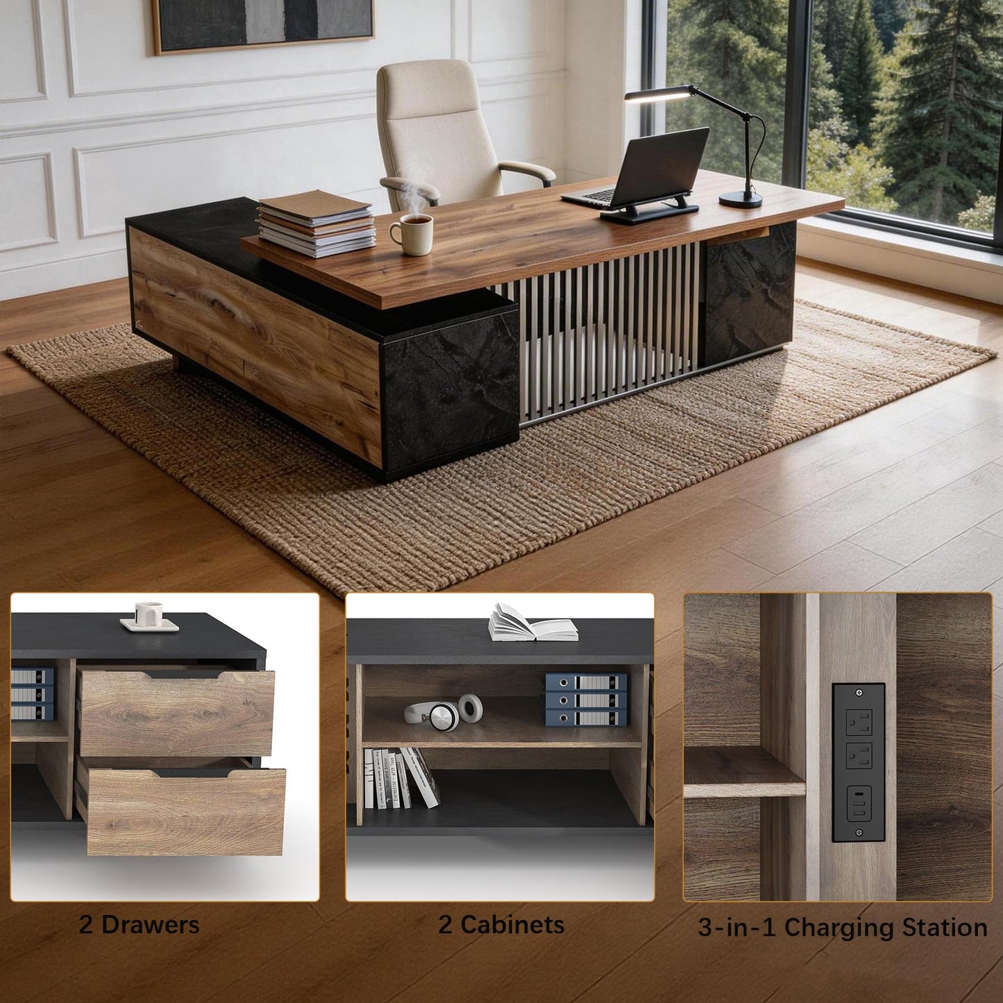 GT BLACK TURNSTONE Professional Wood Executive Desk, Large Office Table with 2 Drawers and 2 Cabinets, Heavy Duty Home Office Desk for Business & Workstation, One-Piece Tabletop (Right Return, 71in)