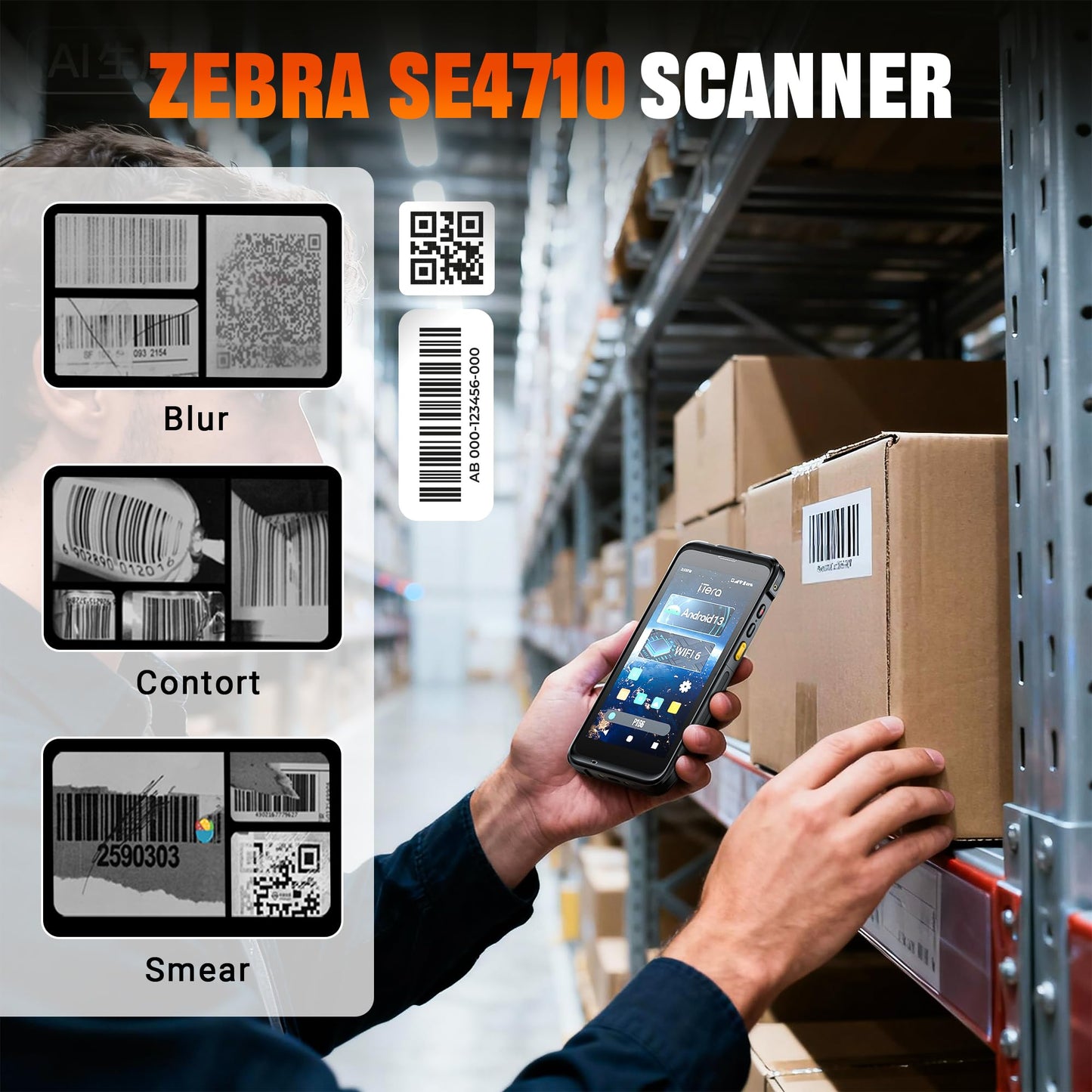 iTera Android 13 Barcode Scanner PDA: SE4710 Scan Engine Qualcomm CPU 5.5" Touch Screen Wi-Fi 6 IP65 Rugged 4300mAh Battery for Warehouse Logistics Inventory Handheld Computer P166