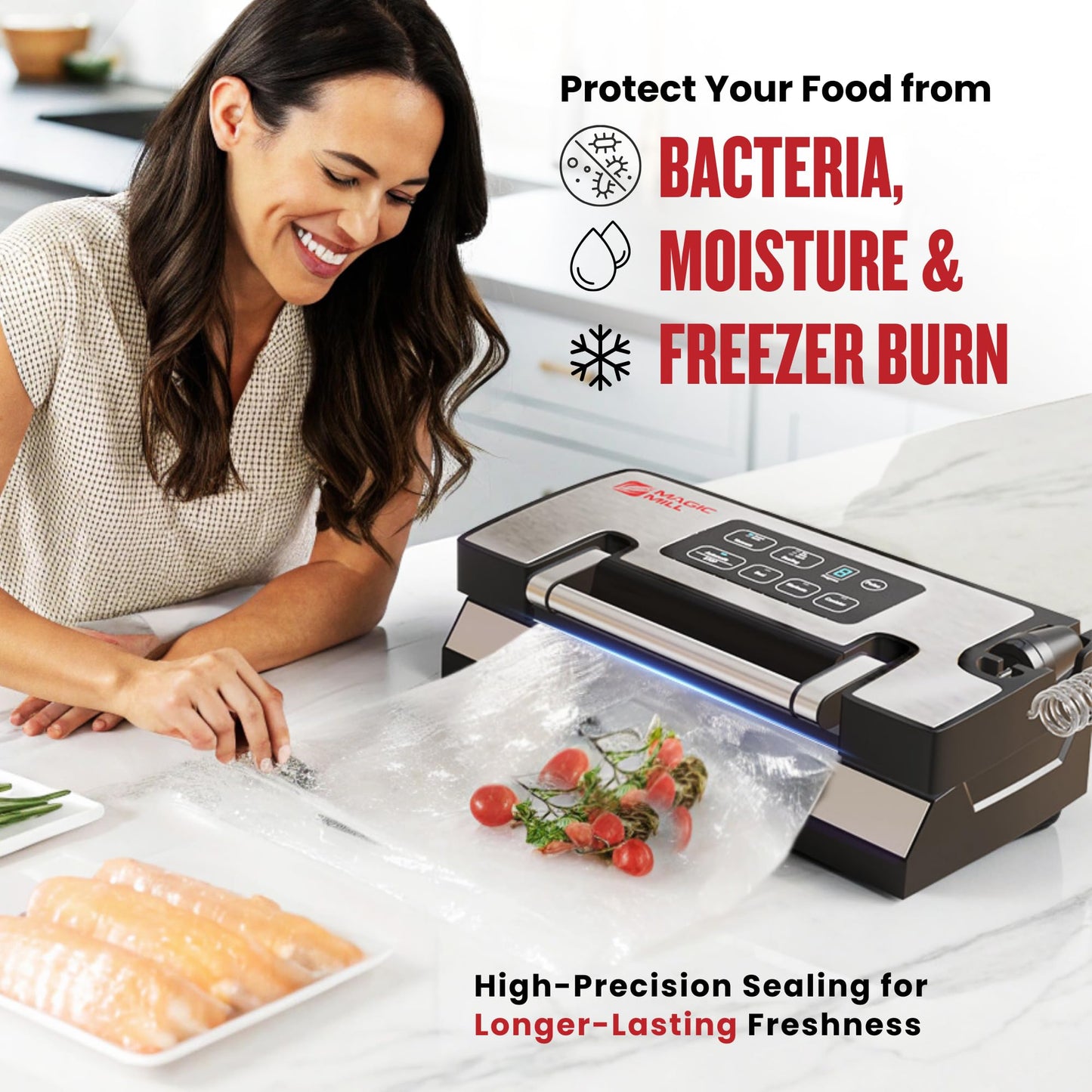 Magic Mill Pro Liquid Vacuum Sealer Machine, New Patent Technology for Liquid, Dry, Moist Food, Upgraded Handle Lock, 90Kpa Bag Storage, Built-in Cutter, Removable Drip Tray, Double Seal for Freshness