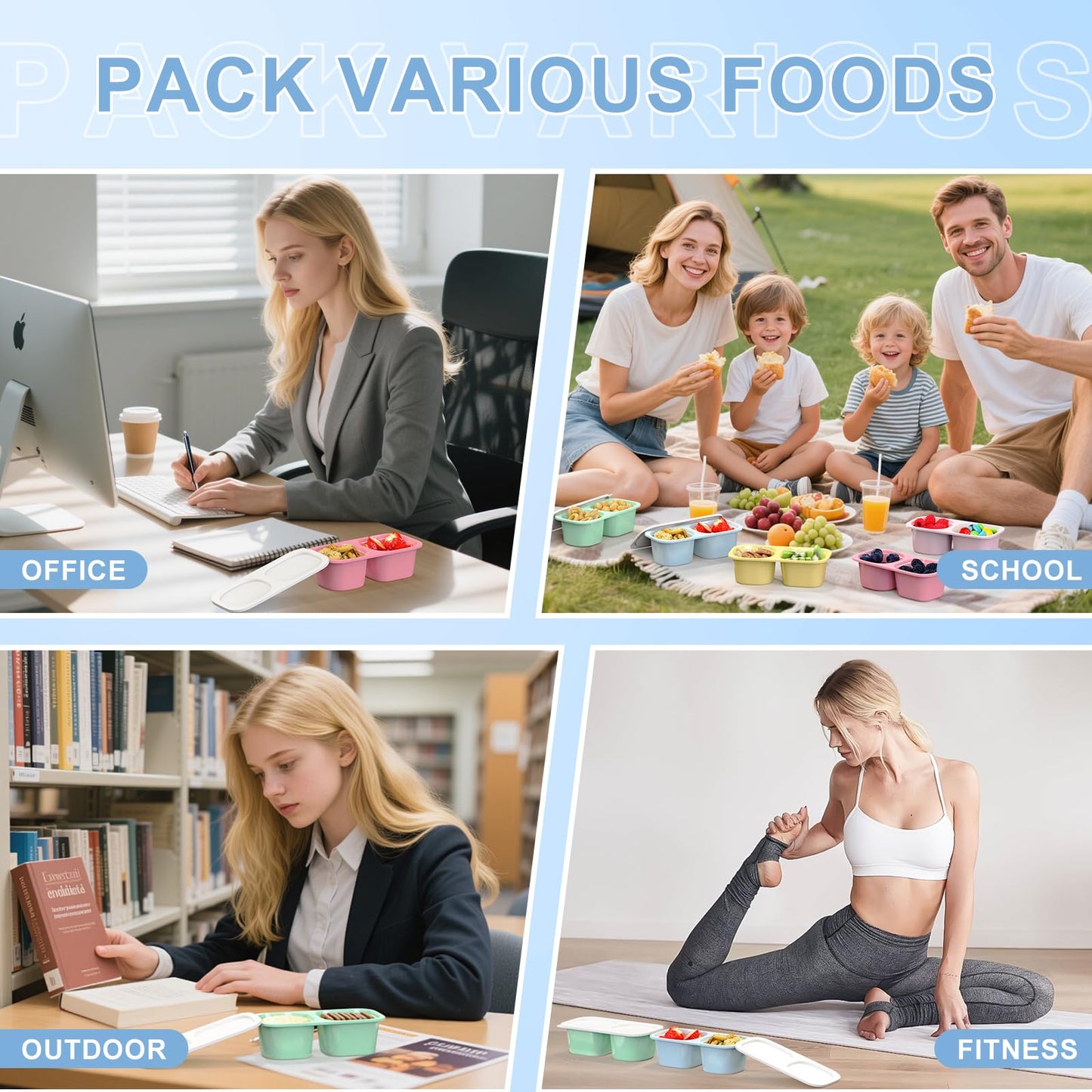 Reusable Snack Containers with Lids for Kids-Classic Color 5 PACK, [UNIQUE DESIGN 2-COMPARTMENT] BPA-Free/Microwave/Dishwasher Safe, Snack Bowls Container for On-the-Go Meals,Camping and Travel