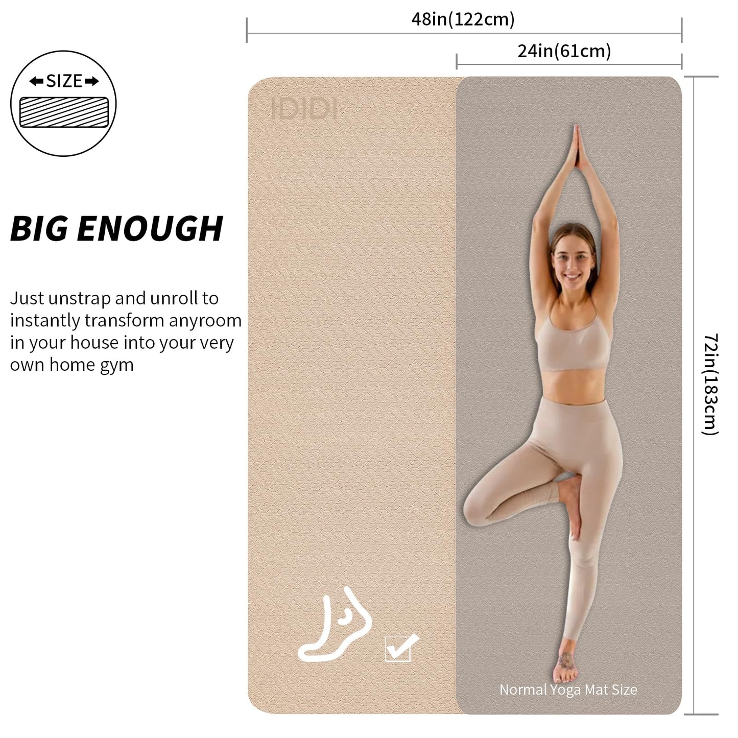 8mm Large Yoga Mat (6'x 4') - Extra Long and Wide 72 x 48 x 0.32 inches, Non-Slip POE Fitness Mat, Eco-Friendly, Thick Wide Exercise Mat for Home Workouts,Ideal for Yoga and Pilates. (Beige+Black)