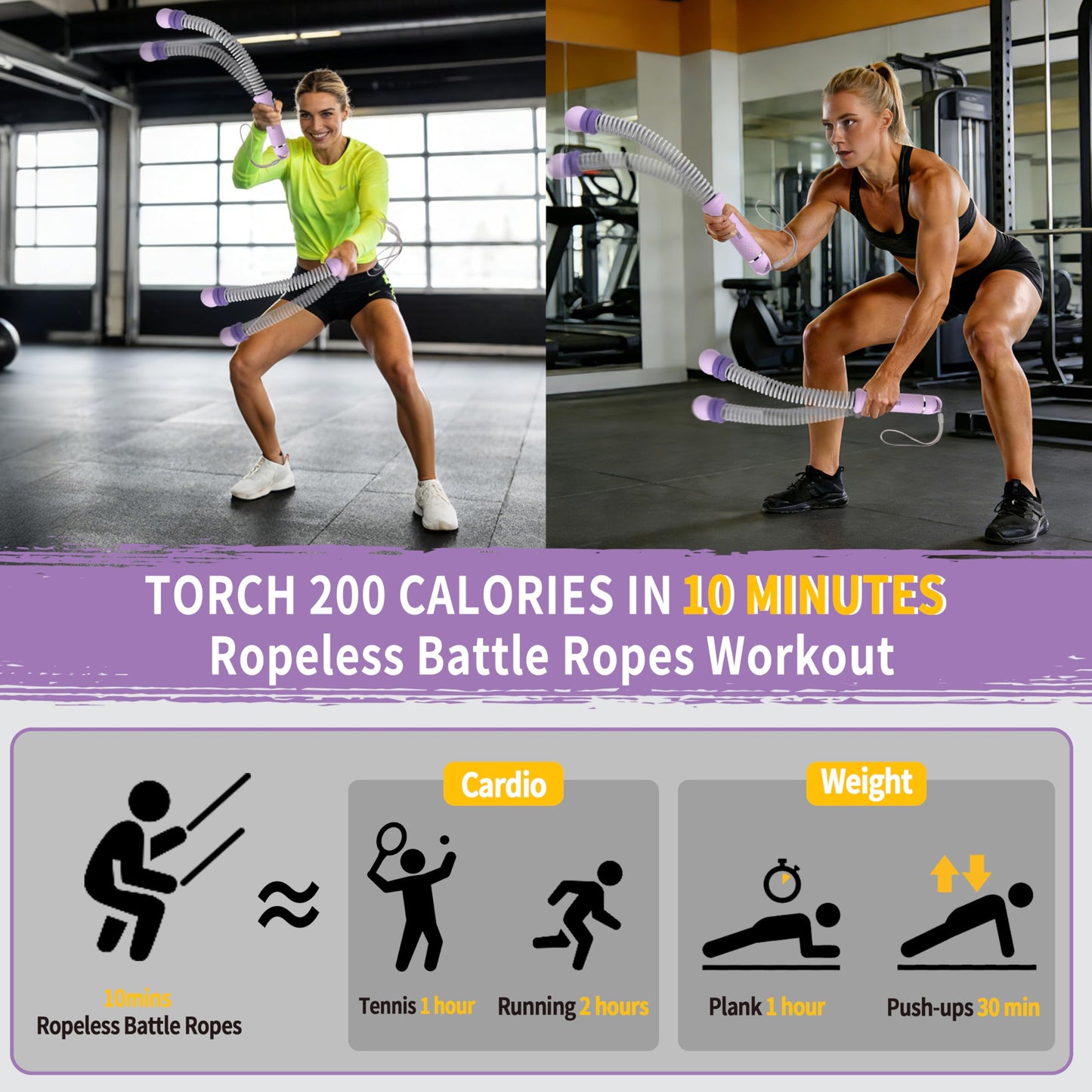 WITSPARKLLE Ropeless Battle Ropes, Adjustable Cordless Battle Ropes with Resistance Springs, Weighted Portable Workout Rope for Home Gym, Low-Impact HIIT Training Equipment for Men & Women (Purple)