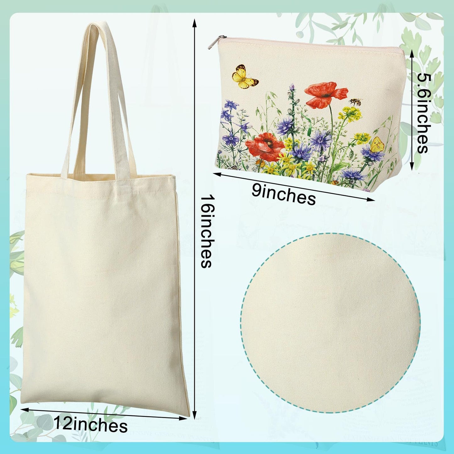 Pinkunn 8 Pcs Floral Tote Bag and Makeup Bag Set Reusable Wildflower Canvas Tote Women Gifts Bags for Graduation Birthday(Colorful)
