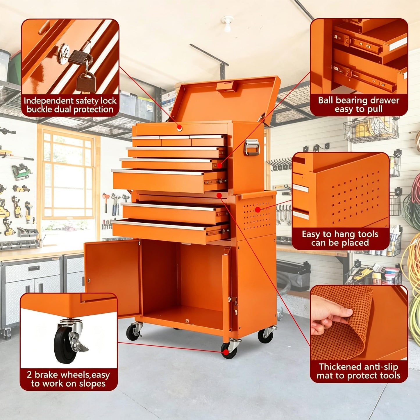 MilleLoom 8 Drawer Tool Chest with Wheels, 2 in 1 Detachable Rolling Tool Box Cabinet, Locking Metal Tool Storage Organizer with Portable Top Chest for Garage Workshop, Orange