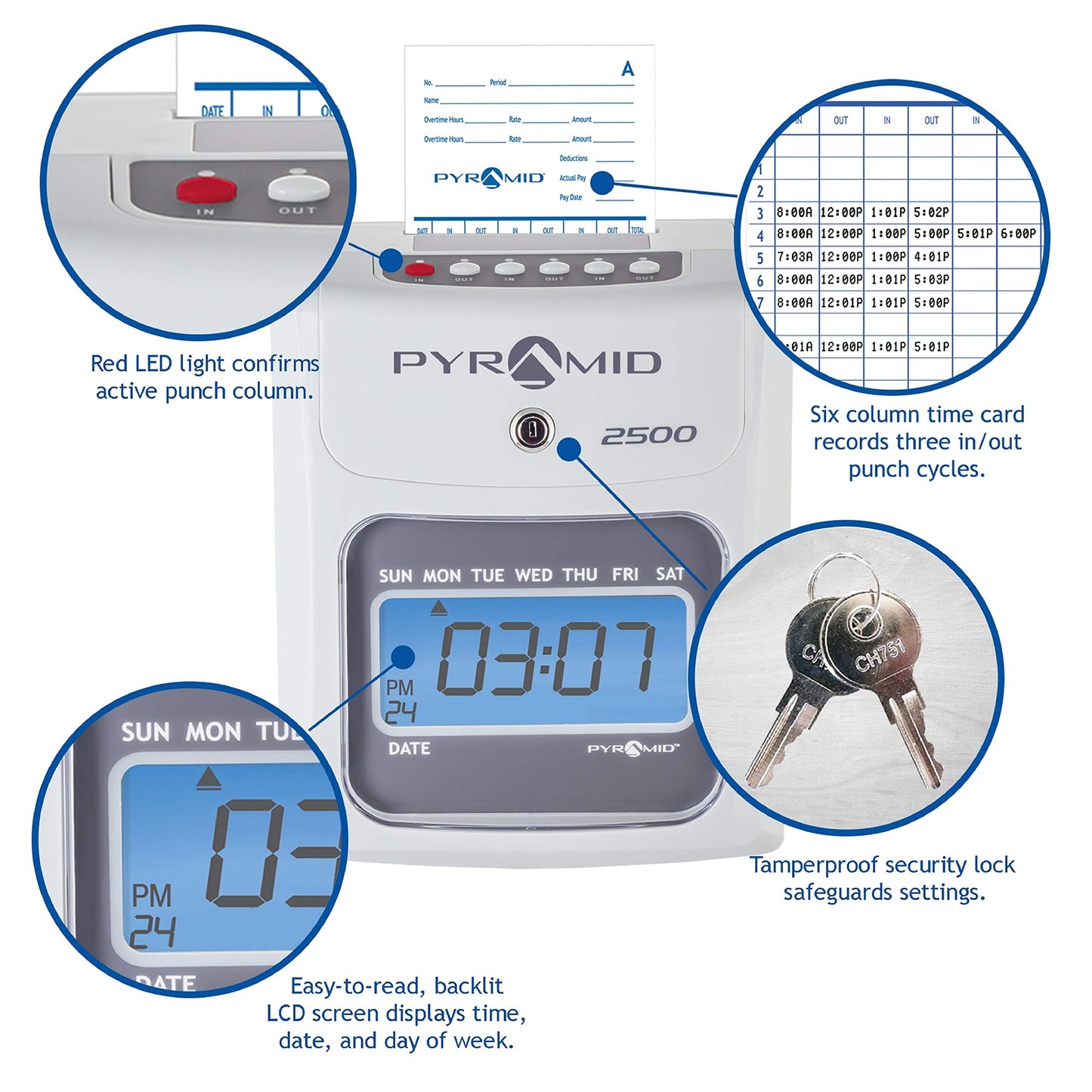 Pyramid Time Systems - 2500 Auto-Aligning Employee Time Clock Timekeeping Bundle [2500K1] for Small Business, Punch Clock System with 100 Time Cards, 2 Ribbon Cartridges, 10-Slot Rack & Security Keys