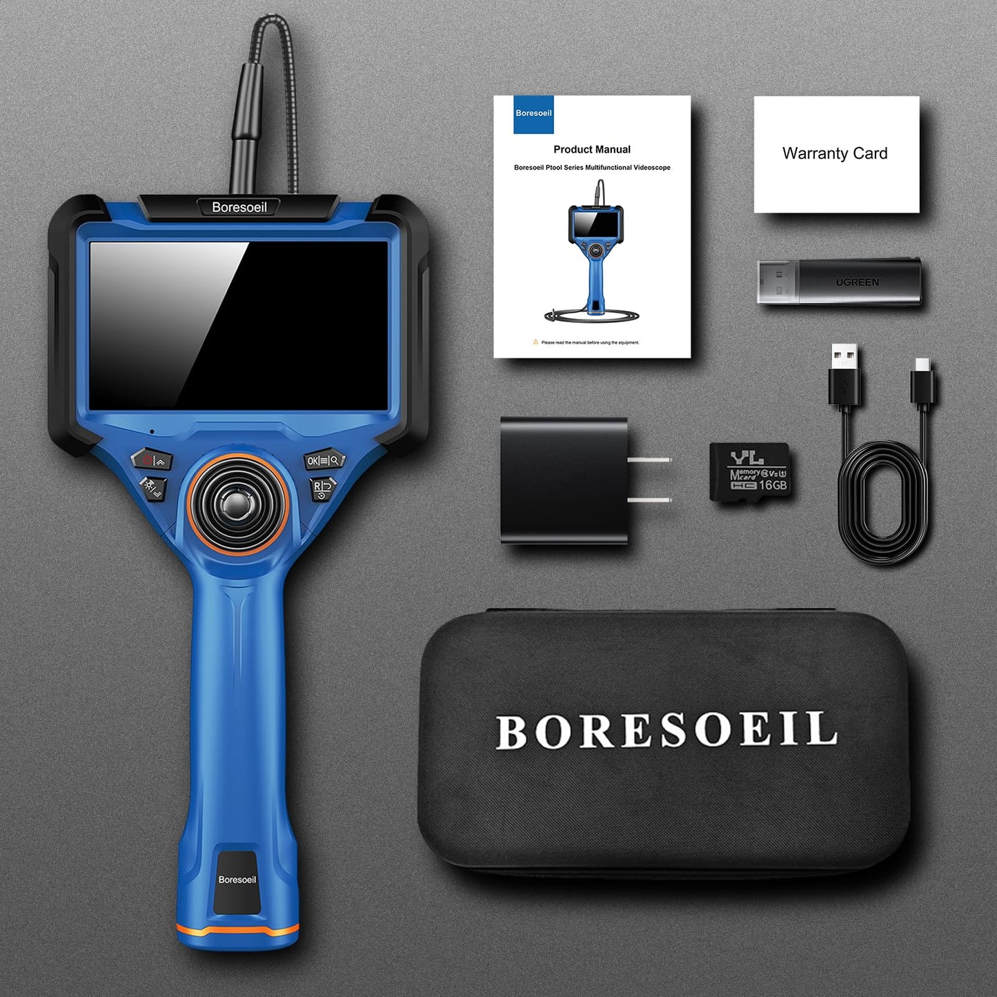 Boresoeil 360° Articulating Borescope with 0.25 in Slim Probe, 5" HD 4-Ways Industrial Endoscope Camera with Light, Articulated Flexible Snake Camera for Plumbing & Machinery Inspection