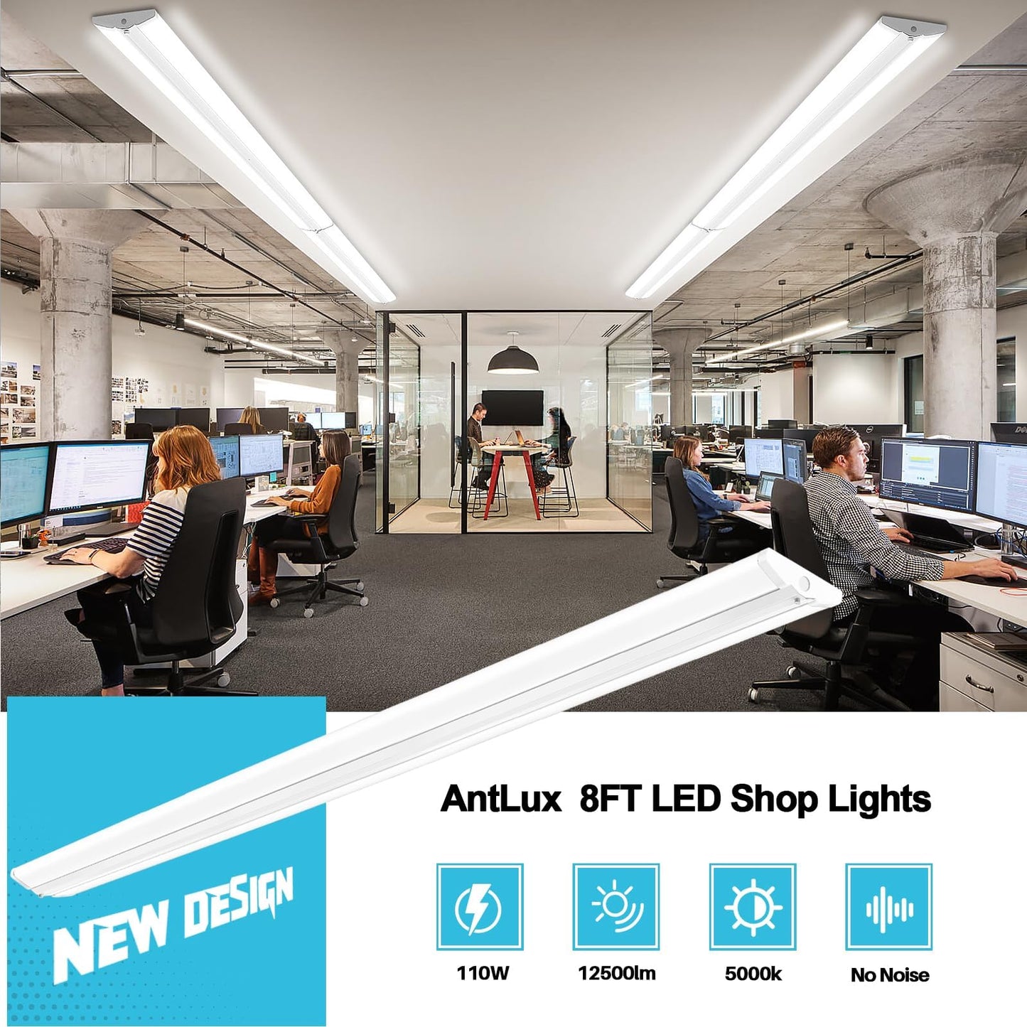 AntLux 110W 8FT LED Shop Lights Ultra Slim LED Wraparound, 12600LM, 5000K, 8 Foot Strip Light, Flush Mount Garage Office Warehouse Ceiling Lighting Fixture, 8 Foot Fluorescent Tube Replacement, 4 Pack