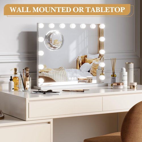 GAOMON Vanity Mirror with Lights, Lighted Mirror with 15 Dimmable LED Bulbs, Makeup Mirror with 3X Magnification, 3 Colors Modes,Touch Control, Metal Frame,White