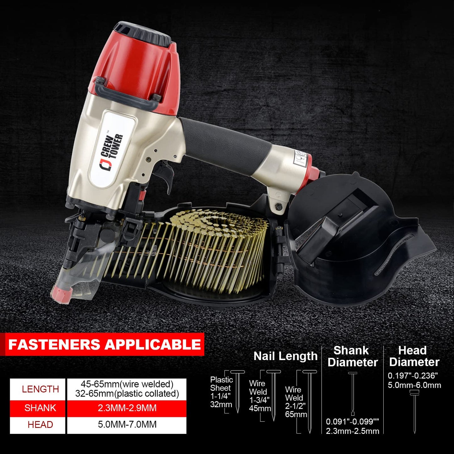 CREWTOWER 15 Gauge 1-1/4-Inch to 2-1/2-Inch Siding Nail Gun and 3600 Count 2-1/2" x .090 Coil Nails Set