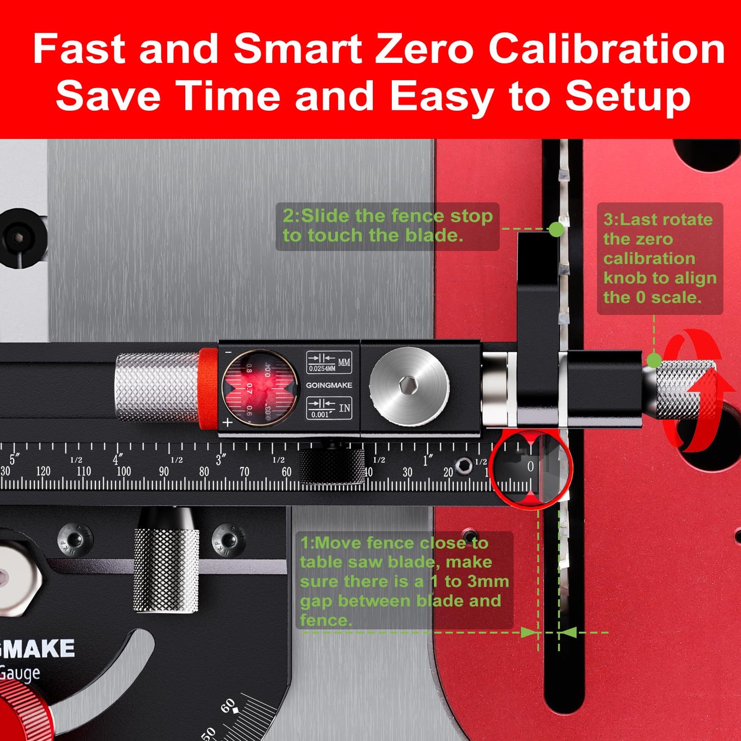 GOINGMAKE Table Saw Miter Gauge with Micro Adjustable Flip Stop and Extendable Fence and Quick Angle Stop for Table Saw Band Saw Router Table Fit 3/8 x 3/4" T Slot for Woodworking Crosscut, Miter Cut