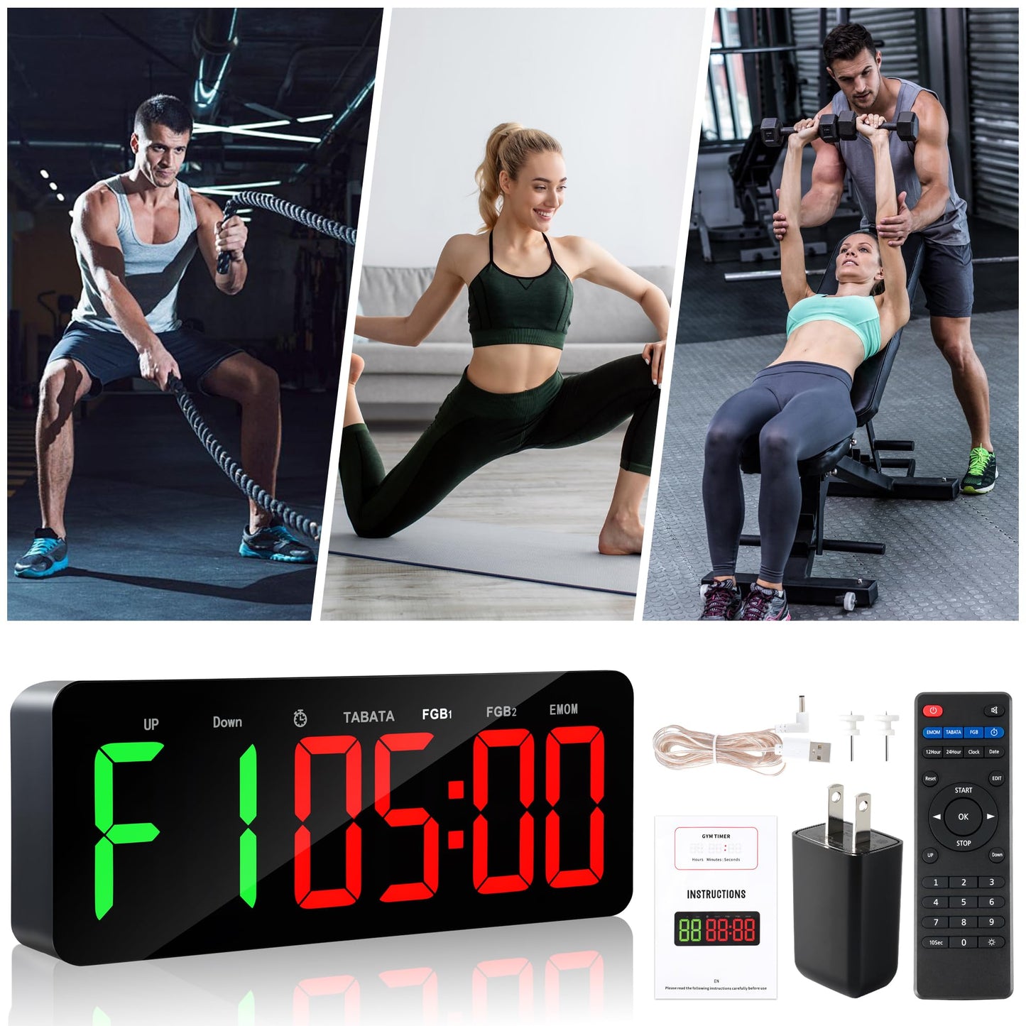 Faweskiy Upgraded Gym Timer Clock for Tabata/FBG/EMOM - Large Workout Clock for Home Gym with Remote Control, Count Down & Up | Stopwatch, Fitness Digital Timer for Home/Yoga/Boxing/Garage