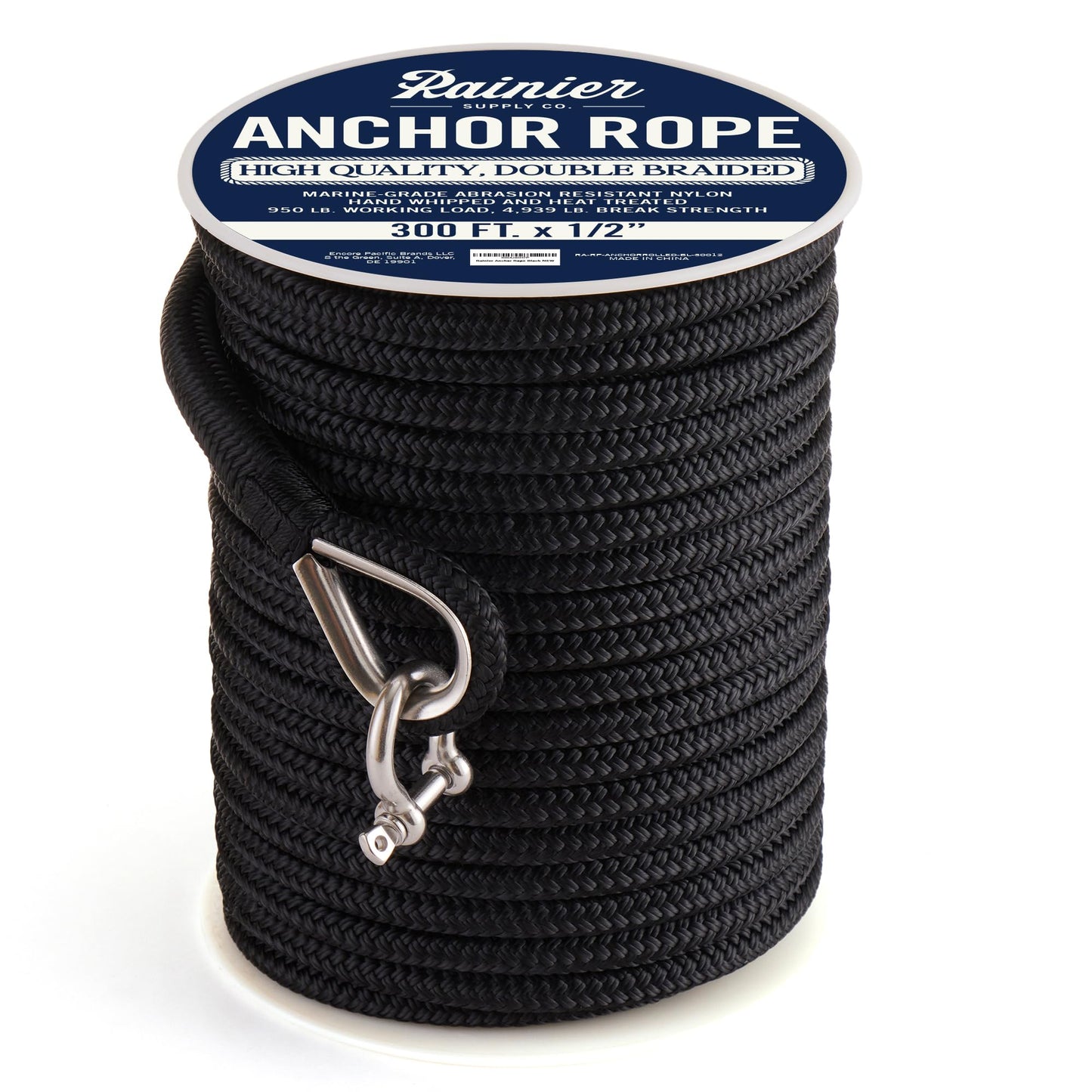 RainierSupplyCo Boat Anchor Rope - Double Braided Marine Rope Anchor Line - 300 ft x 1/2 Inch Nylon Boating Line with 316 Stainless Steel Thimble and Heavy Duty Marine Grade Bow Shackle - Black