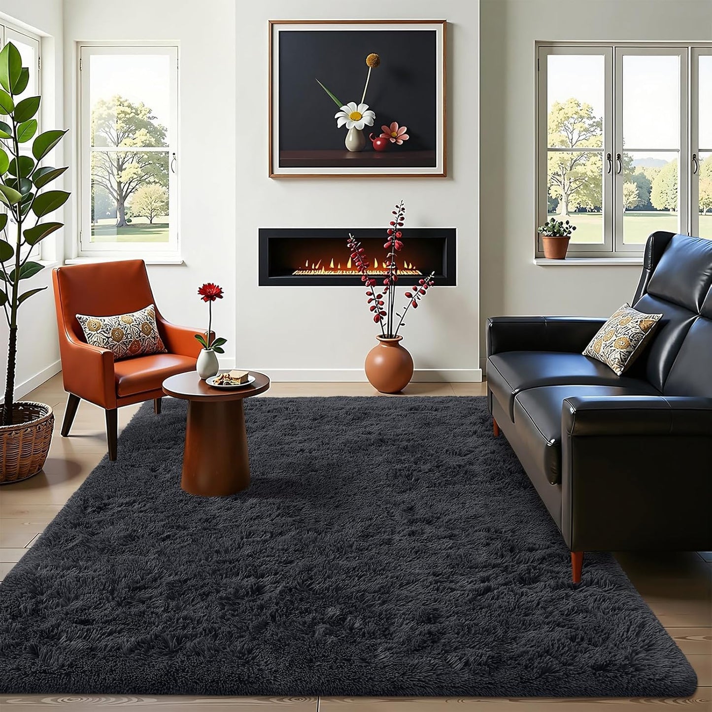 OLANLY Area Rug - Soft Fluffy Shaggy Design for Living Room & Bedroom | Machine Washable, Black 4x8